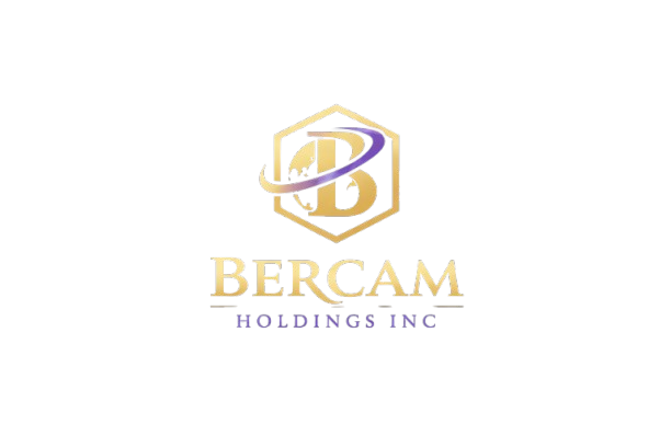 The image shows a logo with a stylized 3D cube, a swooping arrow, and the text 'BERCAM HOLDINGS IN'. The design features gold, purple, and beige colors against a black background.