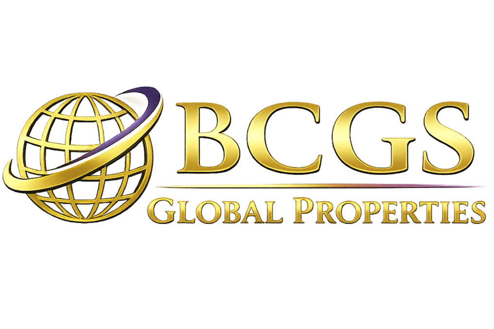 Logo for BCGS Global Properties featuring a gold globe with a ring around it, with the text 'BCGS' in large gold letters and 'Global Properties' below.