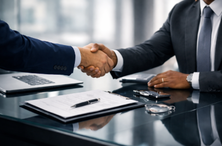 Two men in suits shaking hands across a conference table with papers and pens