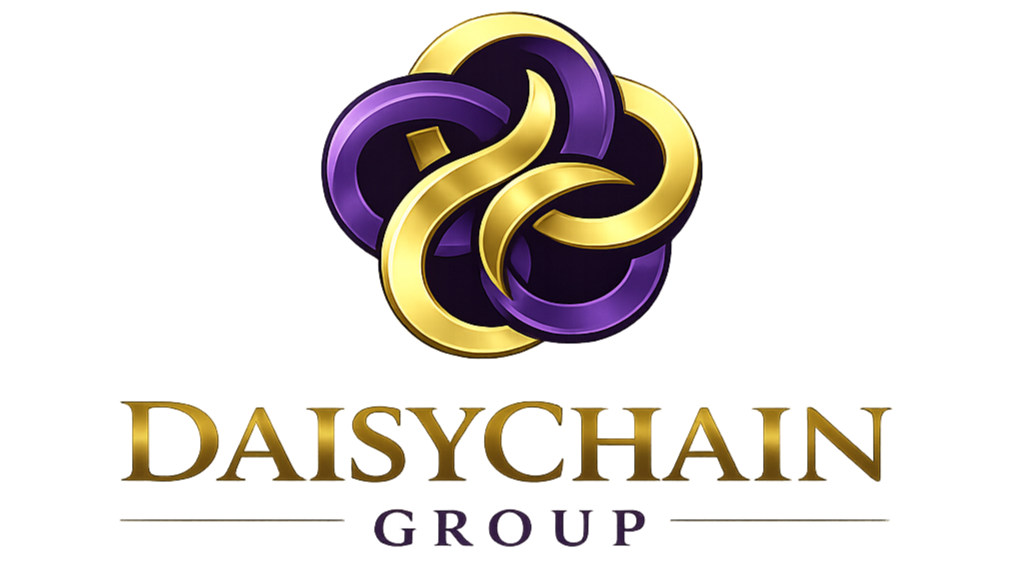 Logo of the Daisy Chain Group featuring interwoven purple and gold chains above the text