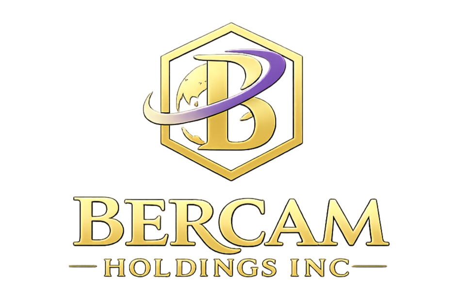 A logo for Bercam Holdings Inc. featuring a gold 3D letter 'B' inside a hexagon with a purple and yellow swoosh around it, and the company name in gold and red text.