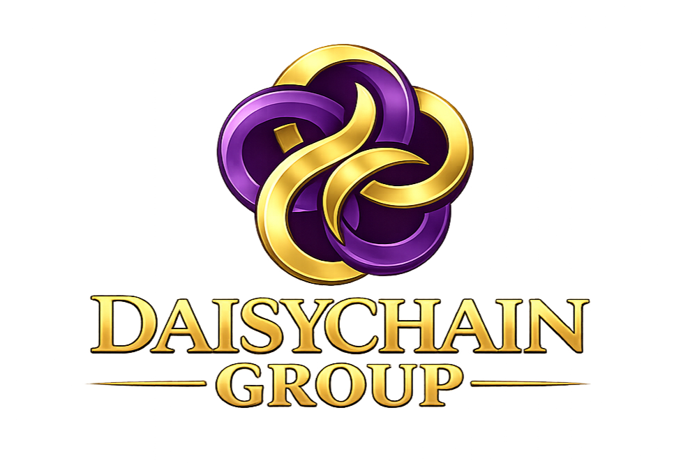 Logo of Daisychains Group with a purple and gold intertwined chain design above the gold text "DAISYCHAIN GROUP".
