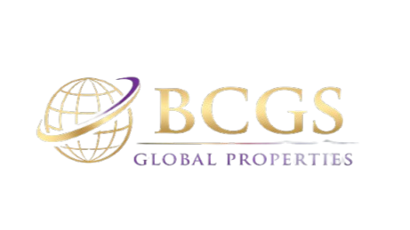 Logo for BCGS Global Properties featuring a globe with orbiting ring and gold and purple text.