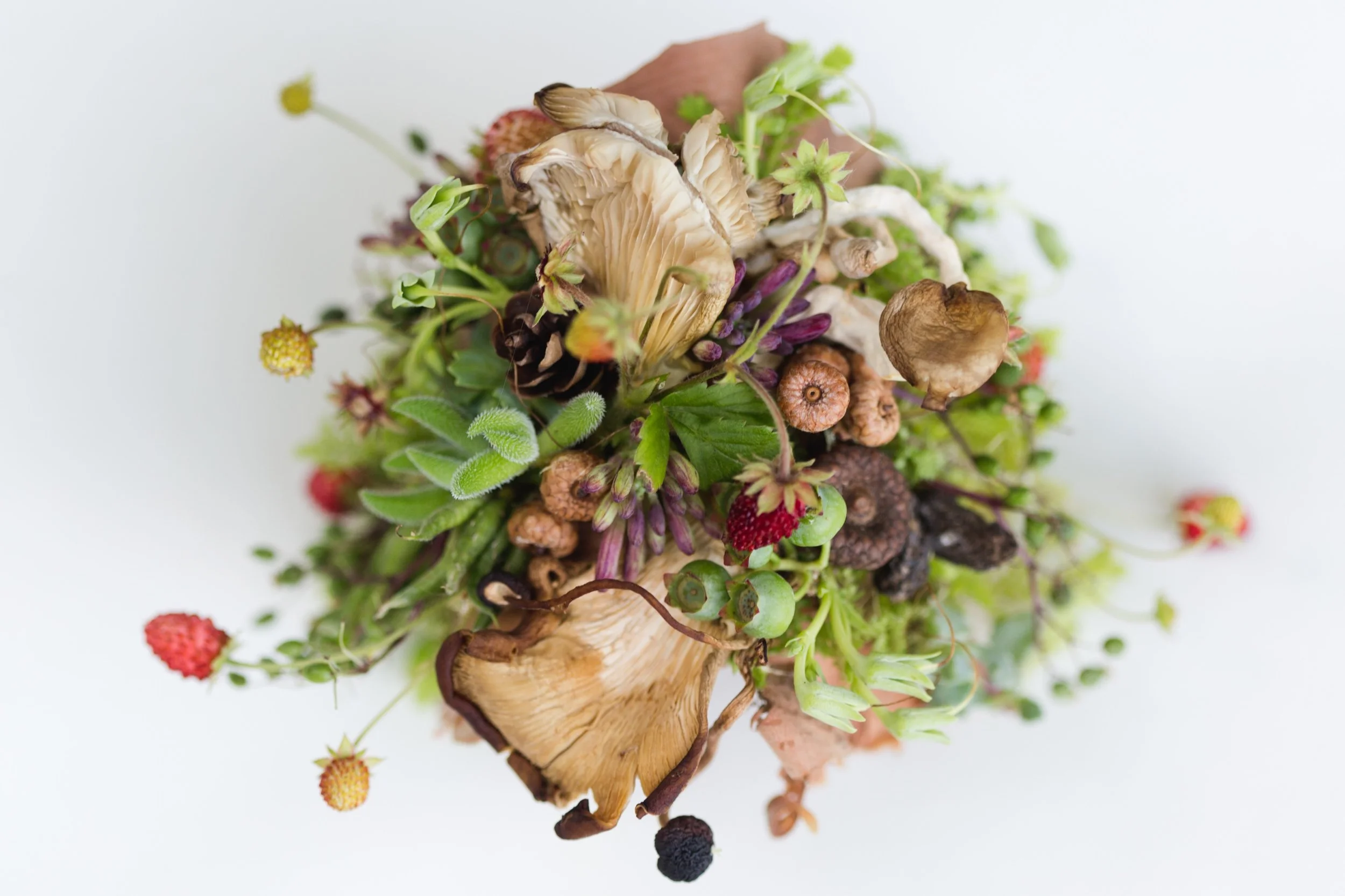Close-up of a structure with mixed collection of wild mushrooms, berries, and greenery arranged in a cluster, designed by Francoise Weeks.
