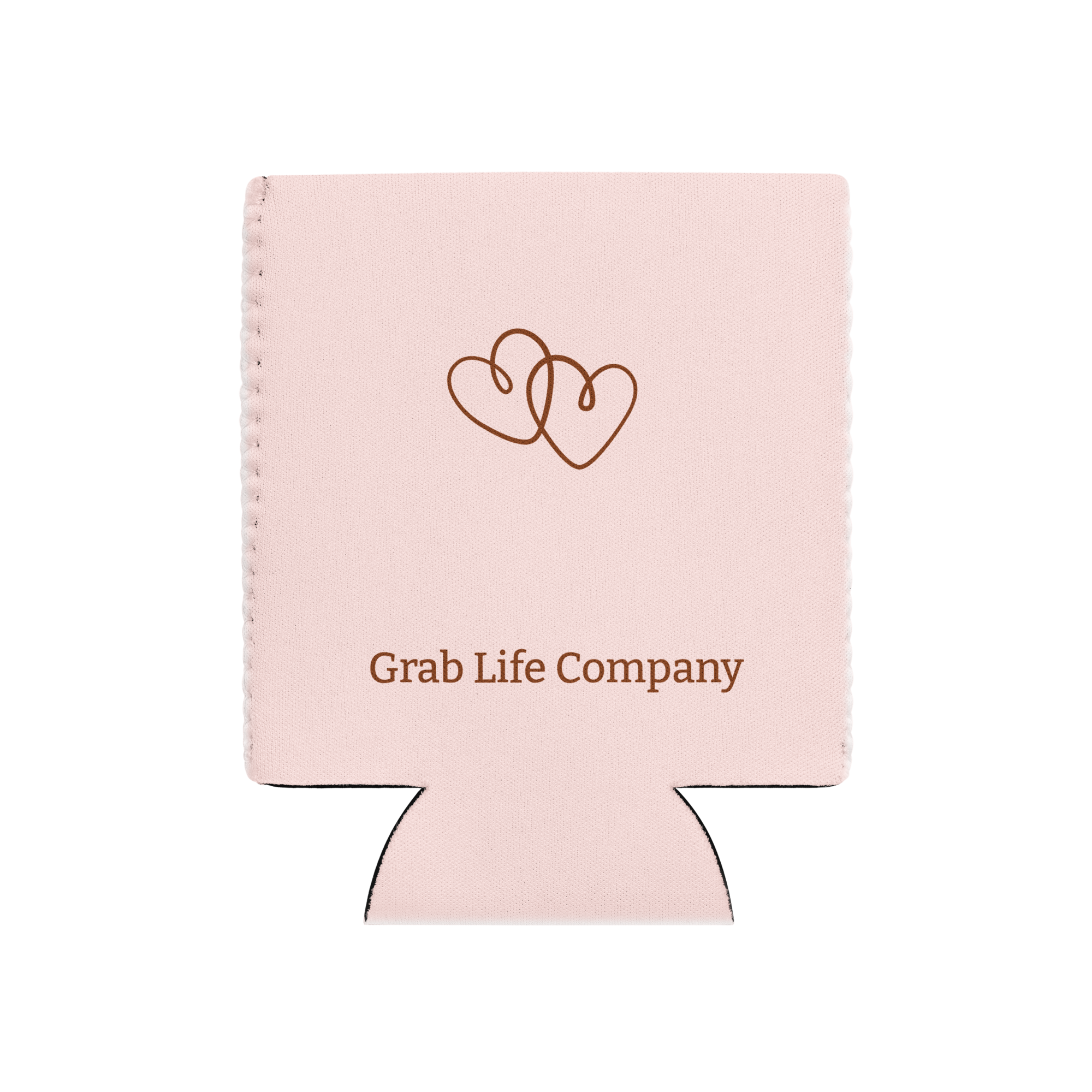 Grab Life Company coozie with Passenger Princess printed on a pink can cooler in regular 12 oz. and slim 12oz. sizes. Image shows the back with 2 hearts printed in brown.