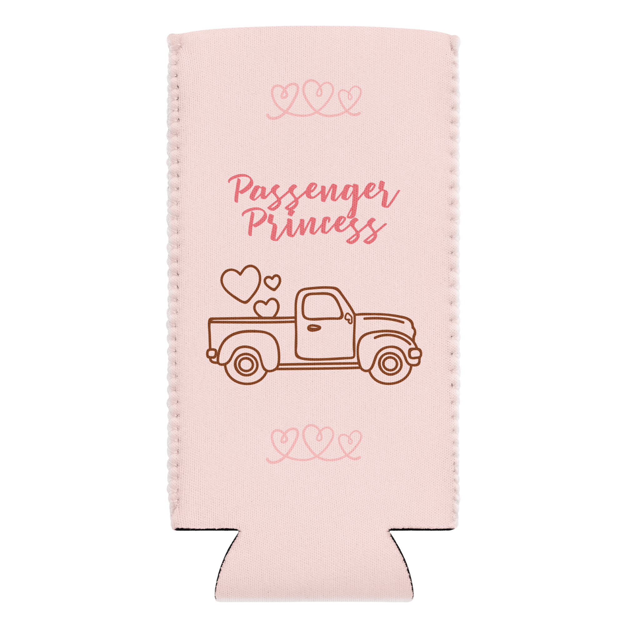 Grab Life Company coozie with Passenger Princess printed on a pink can cooler in regular and slim sizes. Image shows the front of the slim 12 oz. size.