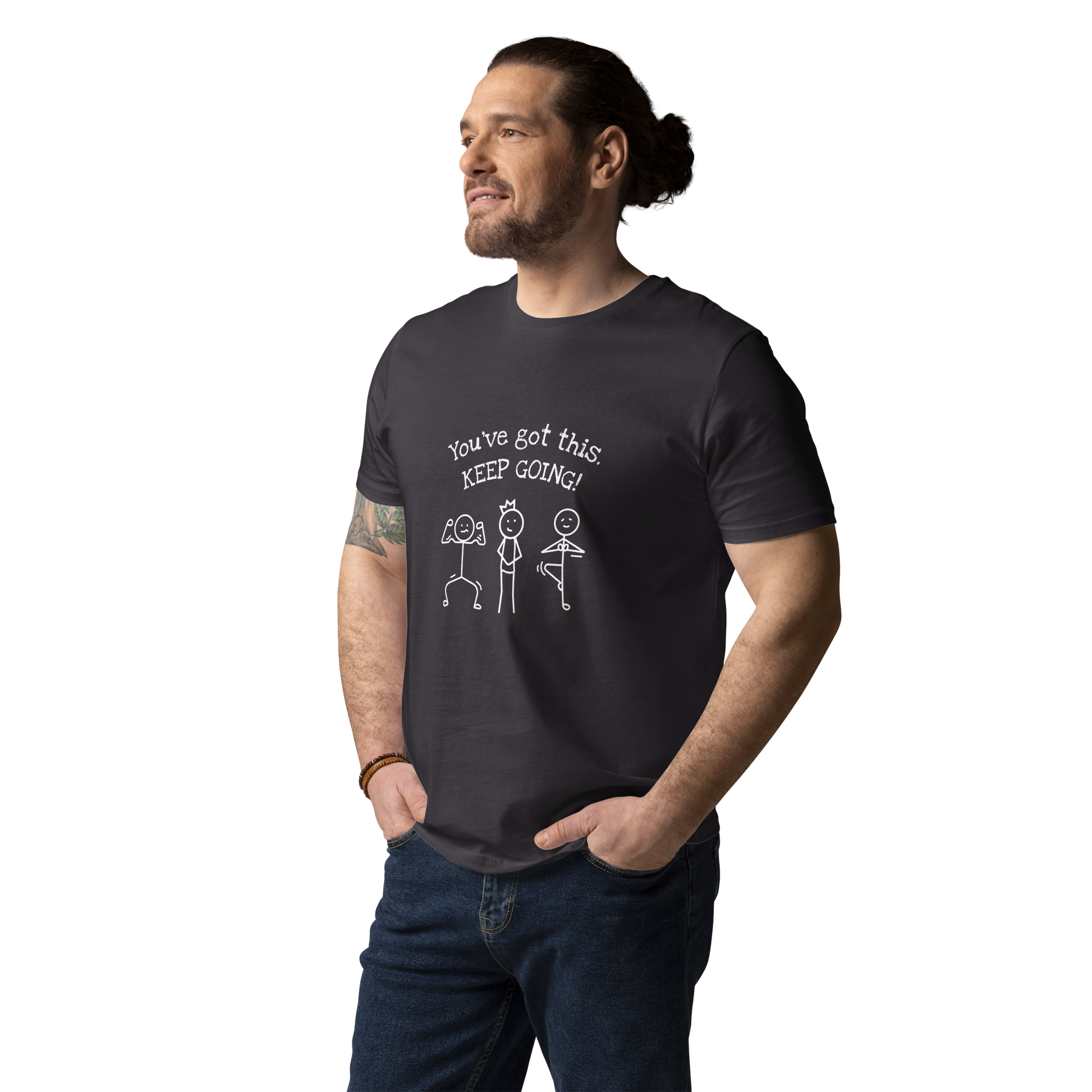 Grab Life Company t-shirt with You've Got This Keep Going printed in white on the front of a black shirt. Image shows a man wearing the shirt with dark jeans.