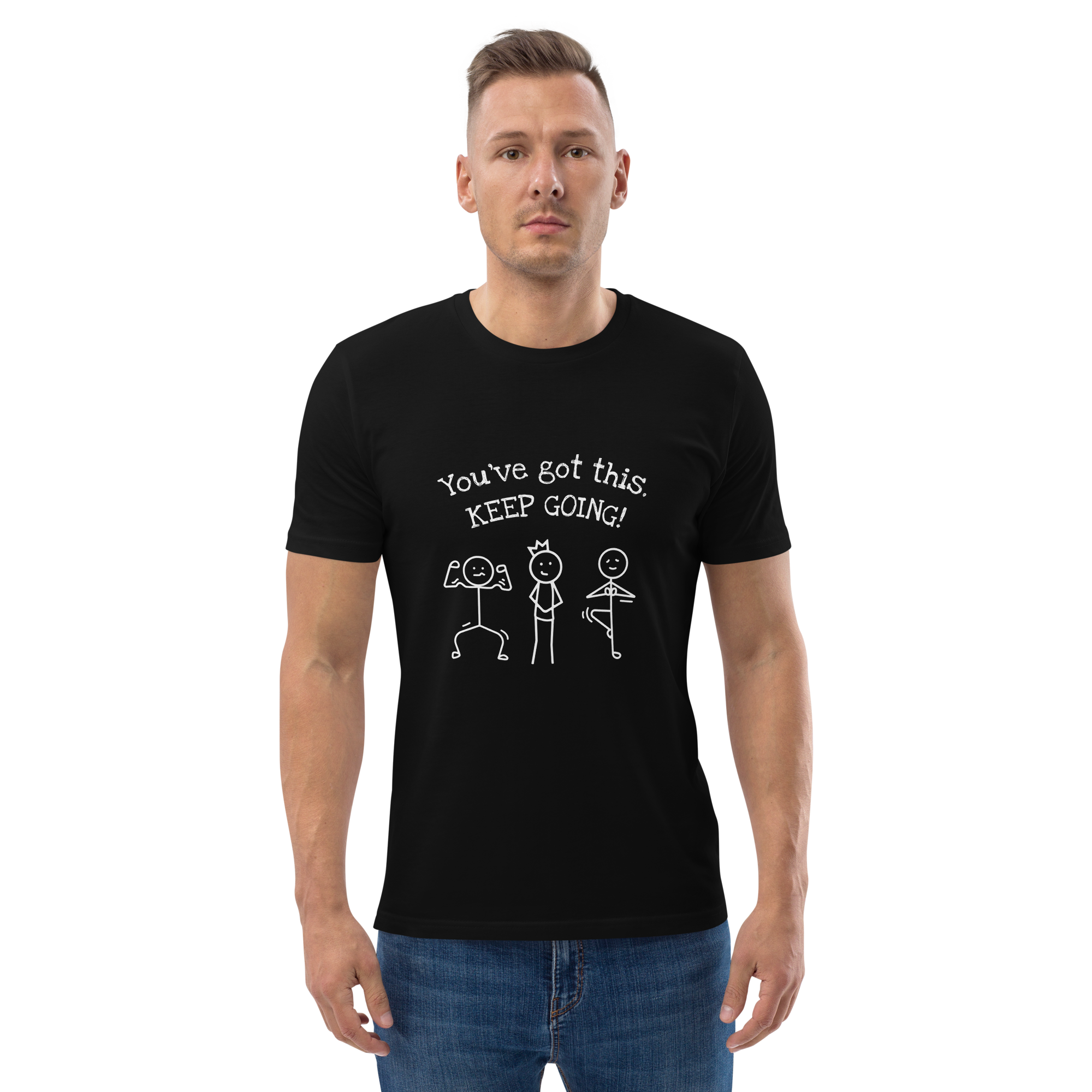 Grab Life Company t-shirt with You've Got This Keep Going printed in white on the front of a black shirt. Image shows a man wearing the shirt with dark jeans.
