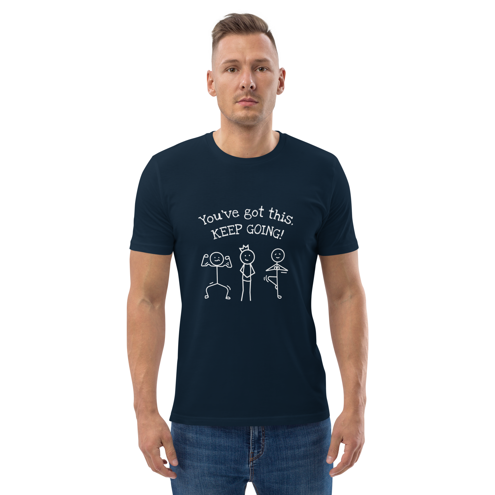 Grab Life Company t-shirt with You've Got This Keep Going printed in white on the front of a French navy colored shirt. Image shows a man wearing the shirt with dark jeans.