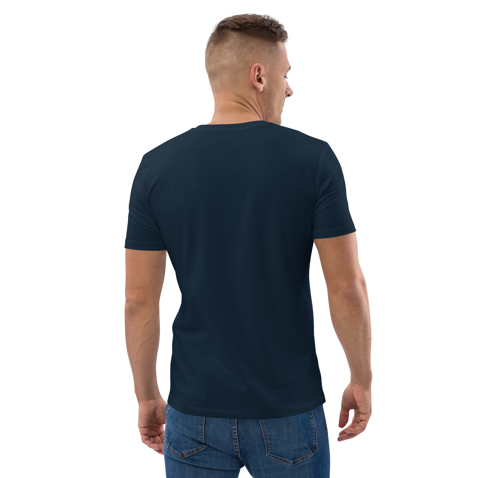 Grab Life Company t-shirt with You've Got This Keep Going printed in white on the front of a French navy colored shirt. Image shows the back of a man wearing the shirt with dark jeans.