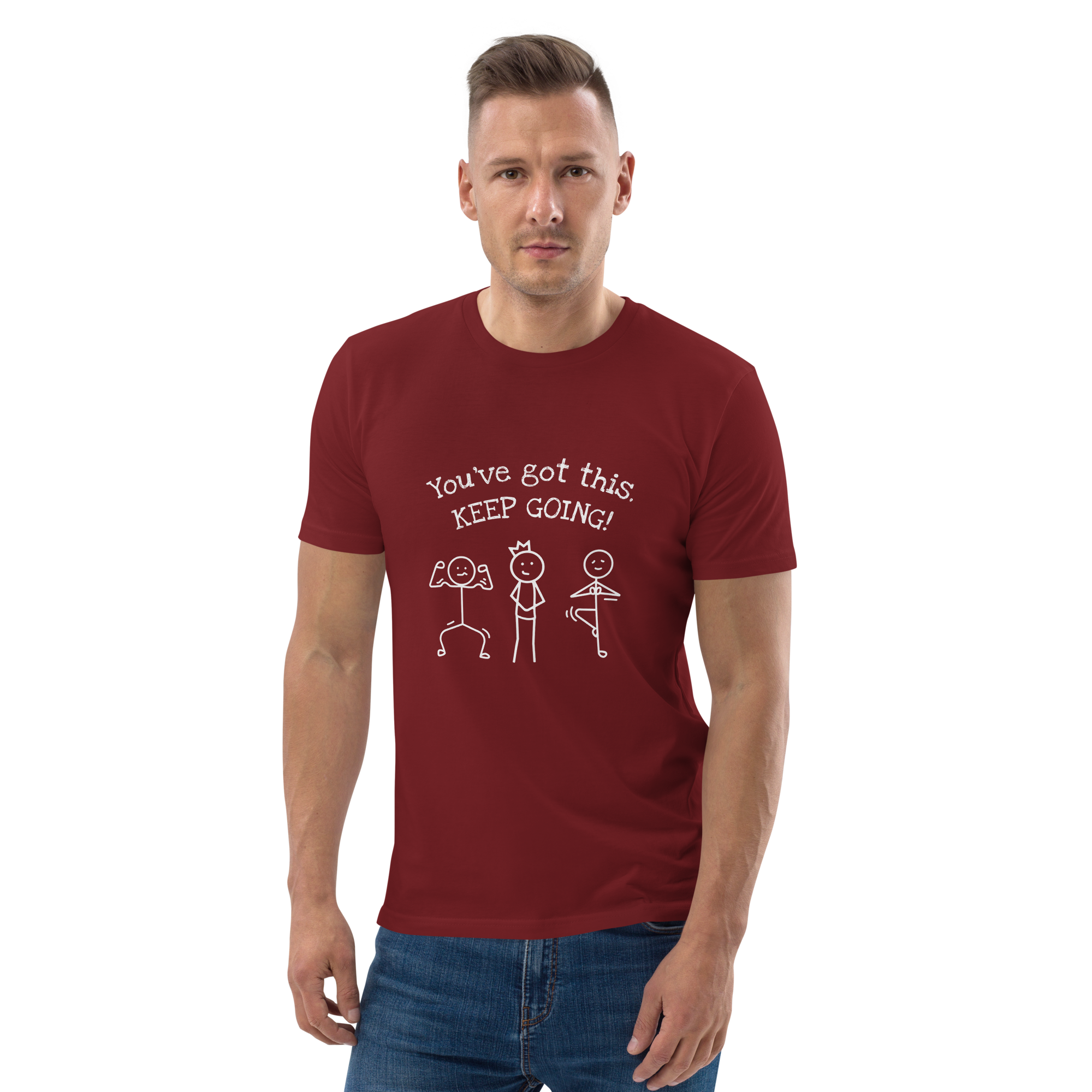Grab Life Company t-shirt with You've Got This Keep Going printed in white on the front of a burgundy shirt. Image shows a man wearing the shirt with dark jeans.
