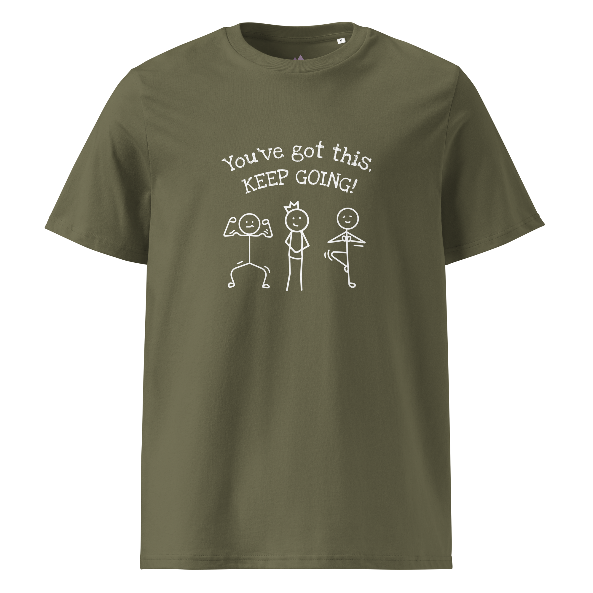 Grab Life Company t-shirt with You've Got This Keep Going printed in white on the front of a khaki or olive green shirt.