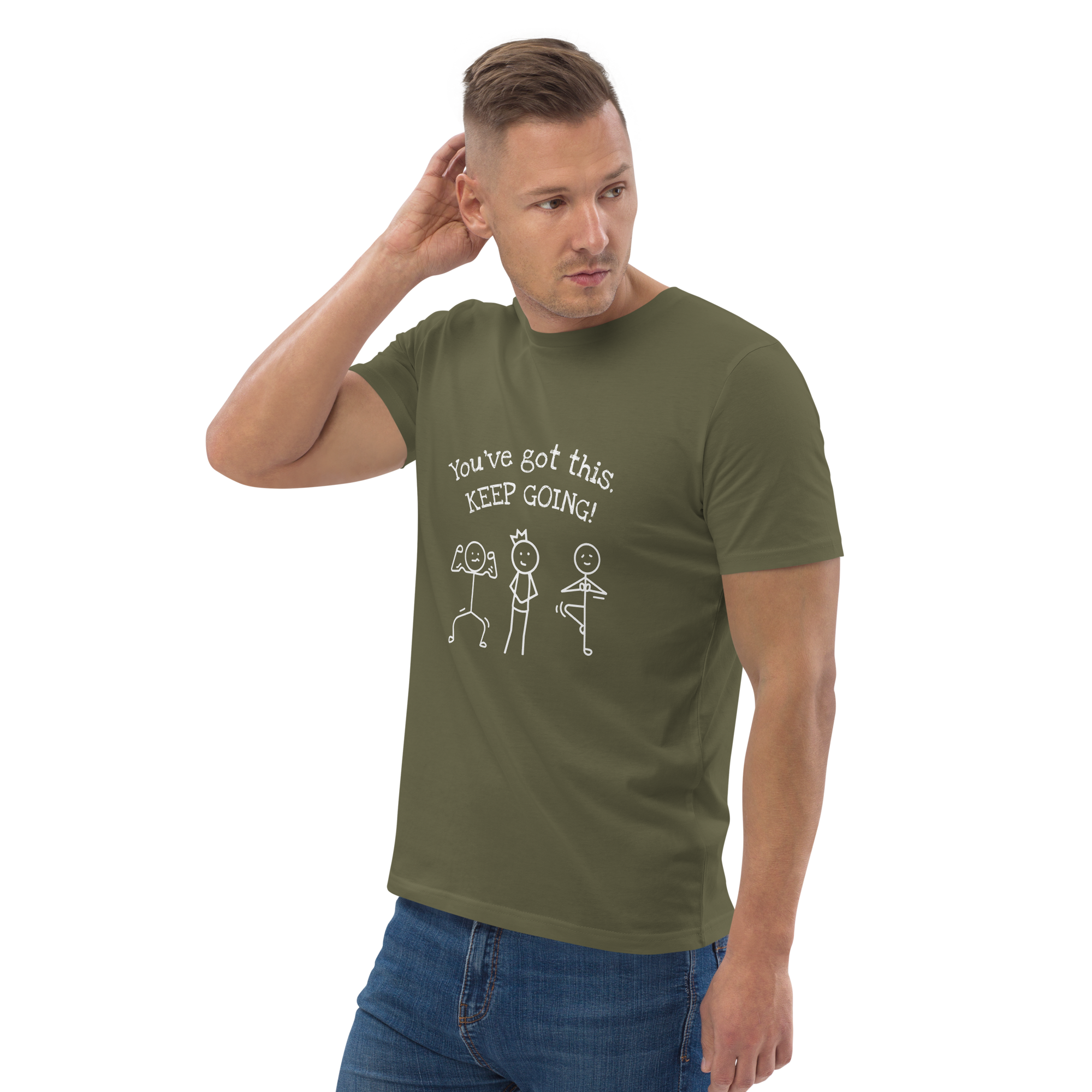 Grab Life Company t-shirt with You've Got This Keep Going printed in white on the front of a khaki or olive green shirt. Image shows a man wearing the shirt with dark jeans.