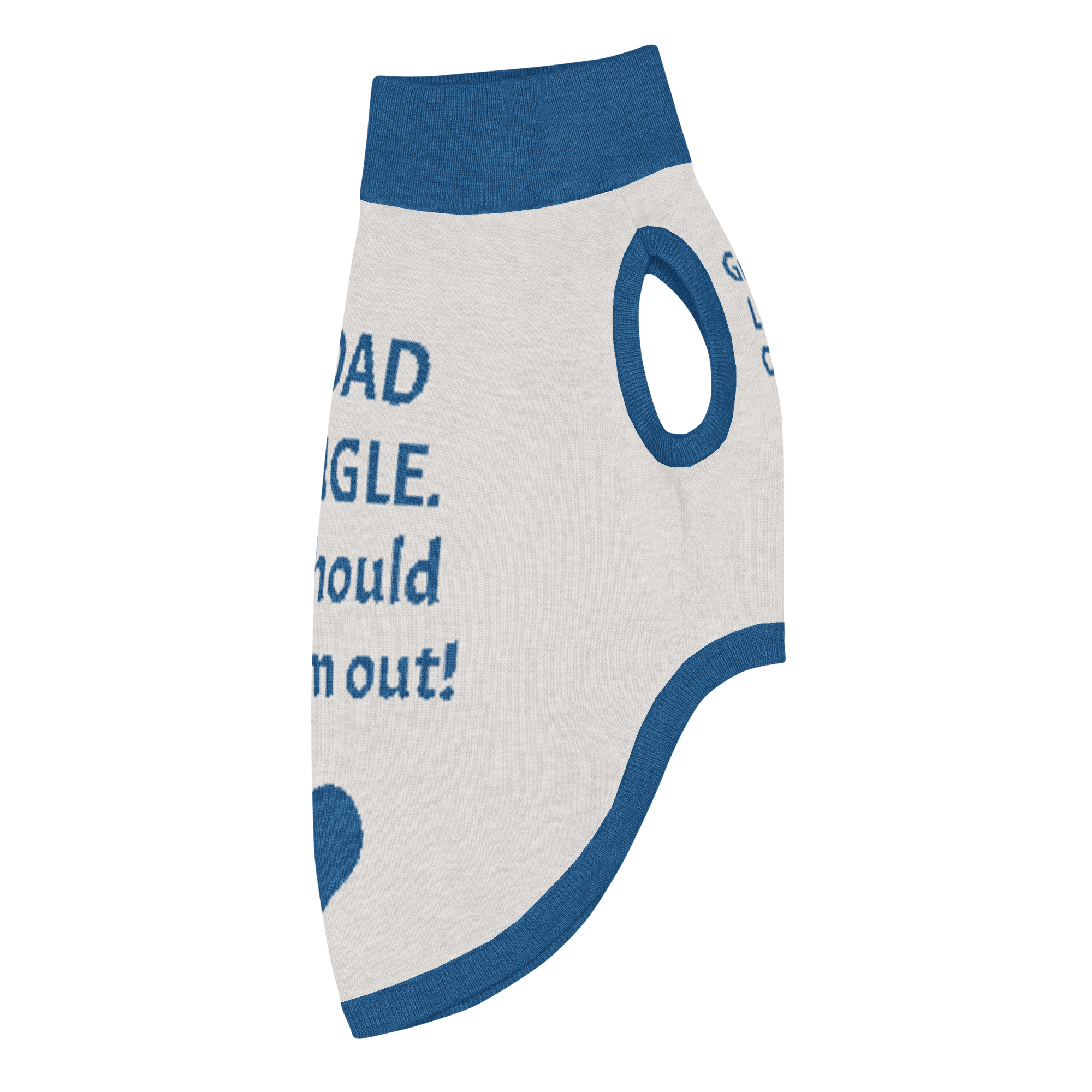 Grab Life Company knitted pet sweater in tan with dark blue trim and words that say my dad is single you should ask him out written on the back. Image is sweater shown from the right side.