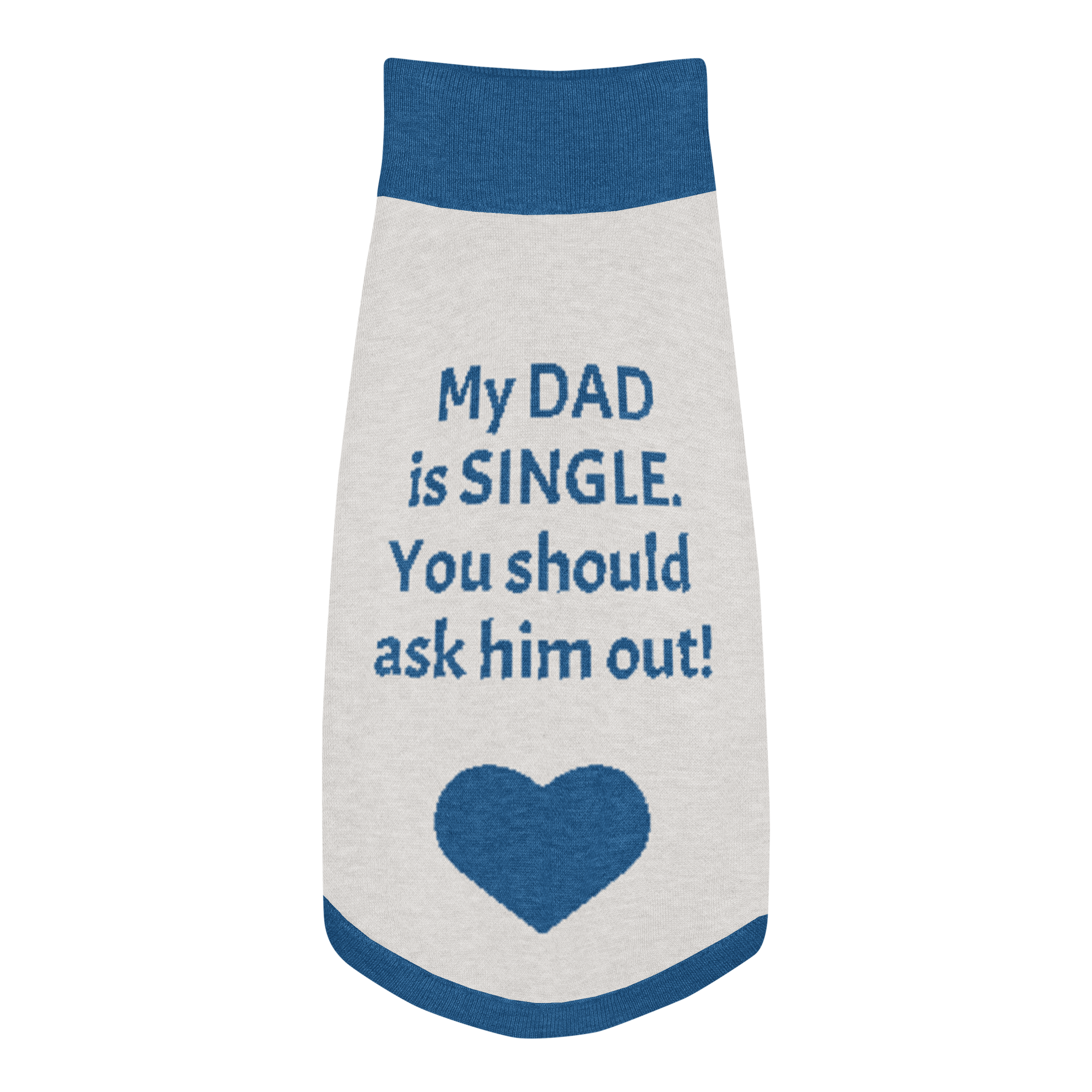 Grab Life Company knitted pet sweater in tan with dark blue trim and words that say my dad is single you should ask him out written on the back.