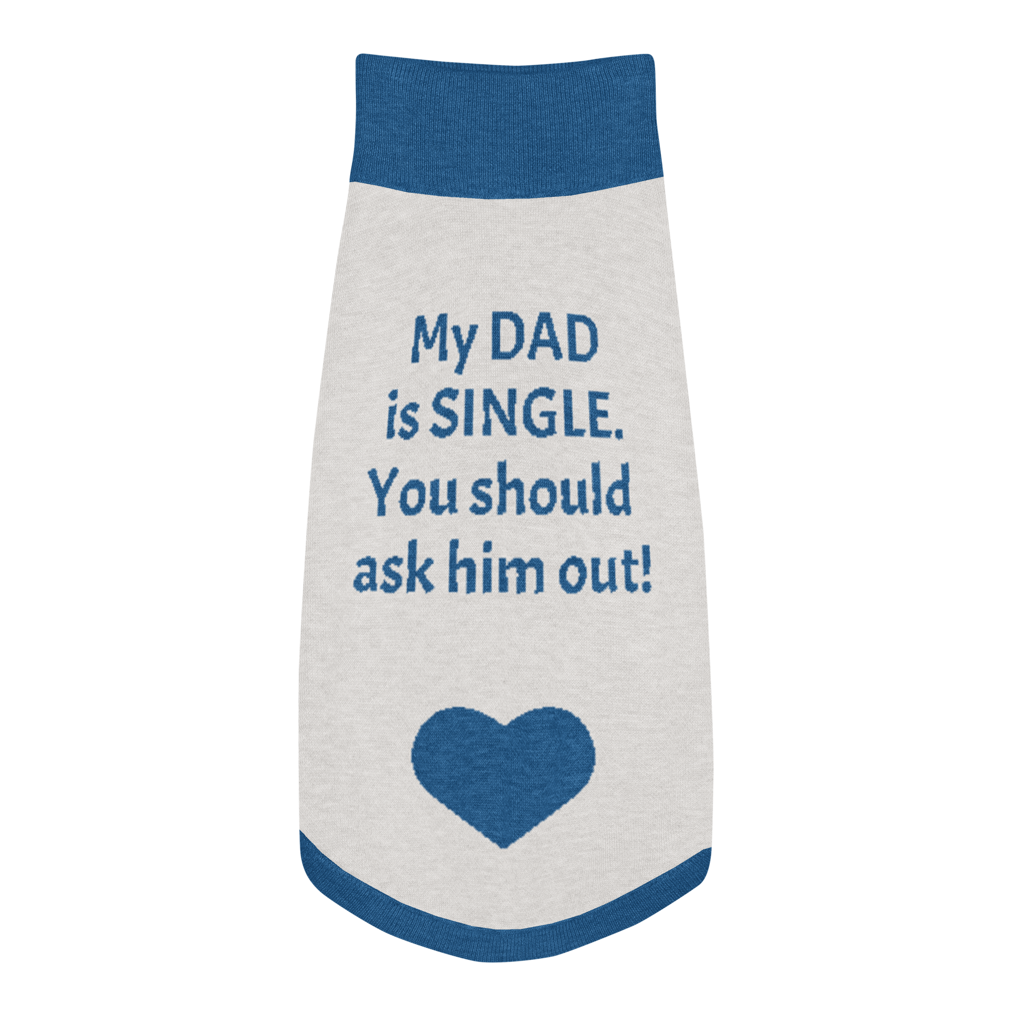Grab Life Company knitted pet sweater in tan with dark blue trim and words that say my dad is single you should ask him out written on the back.