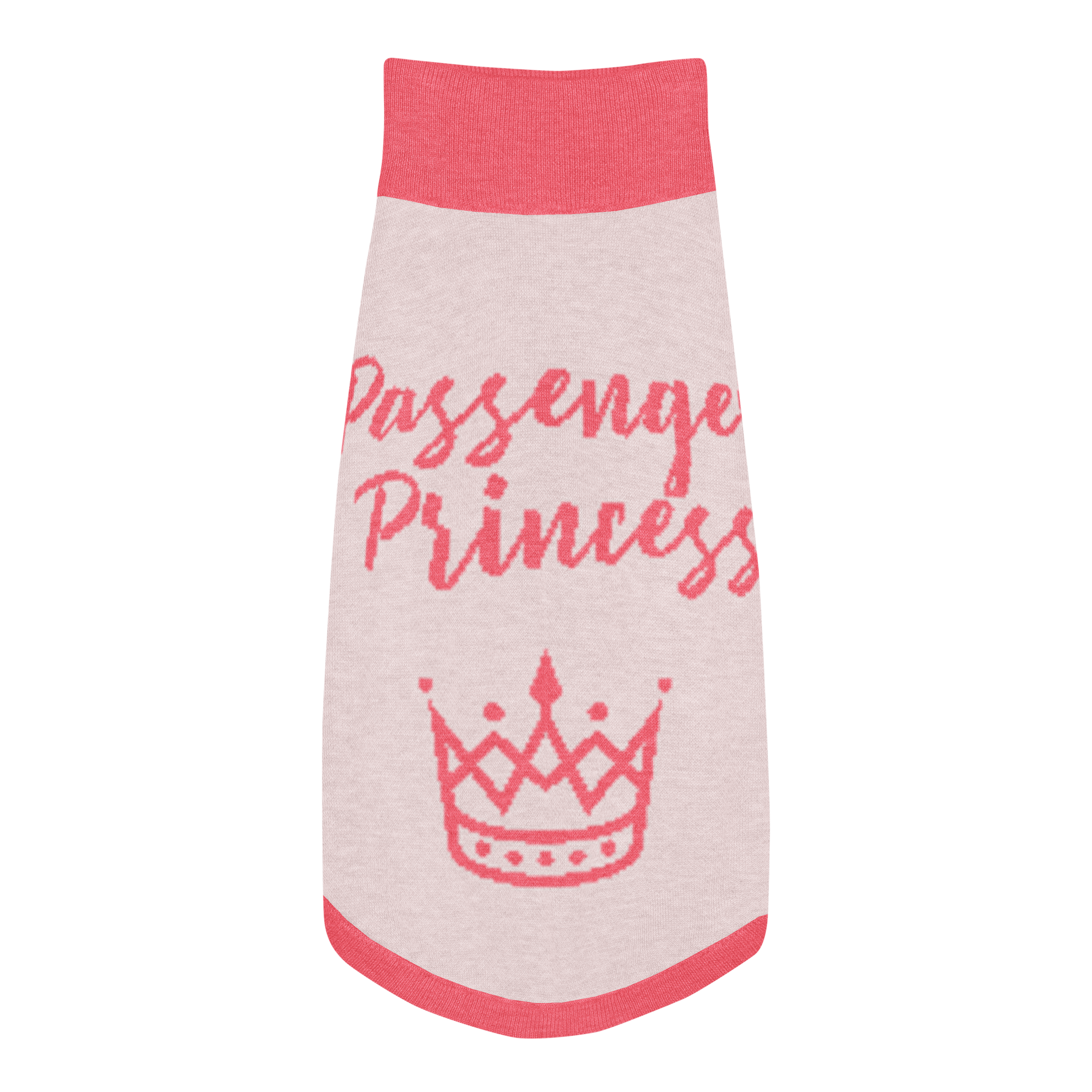 Grab Life Company knitted pet sweater in light pink with bright pink trim and words that say Passenger Princess written on the back.