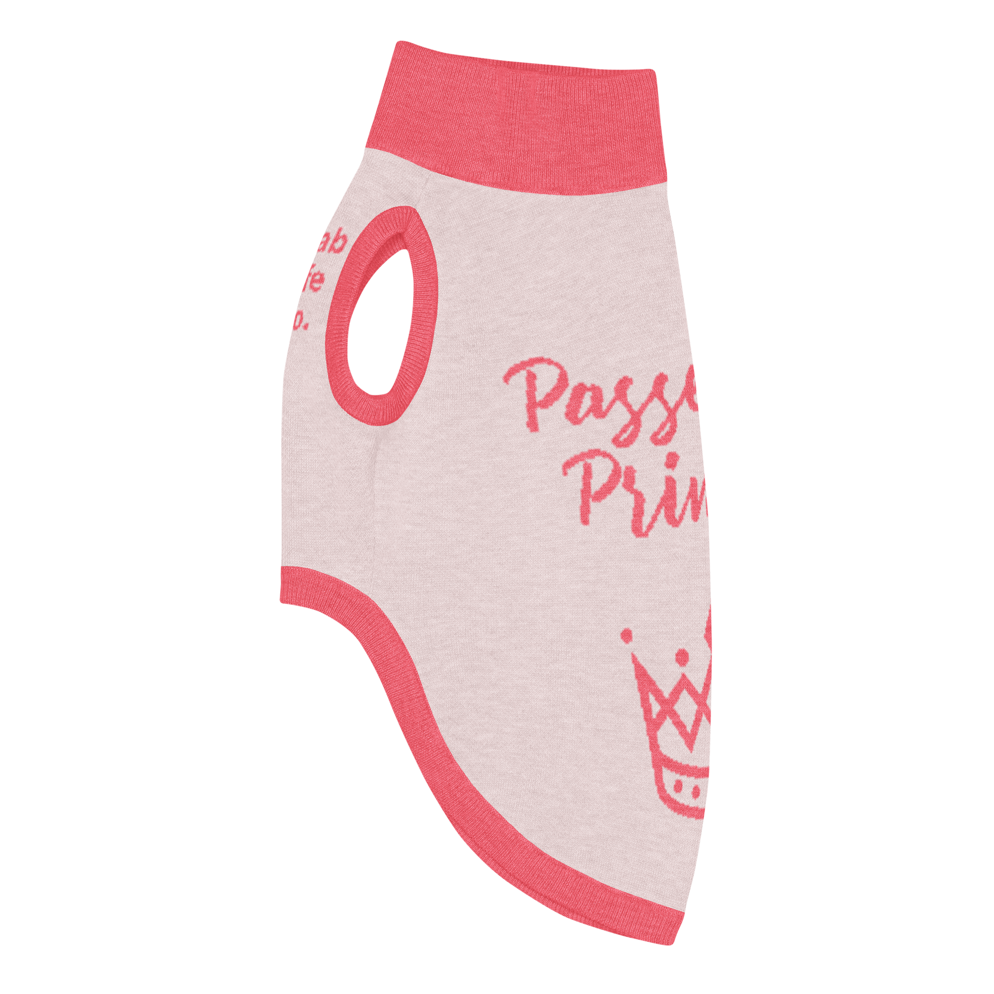 Grab Life Company knitted pet sweater in light pink with bright pink trim and words that say Passenger Princess written on the back. Image shows sweater from the left side.