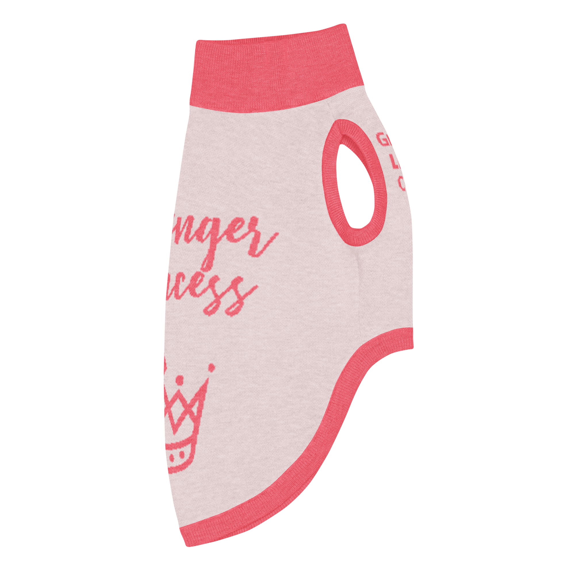 Grab Life Company knitted pet sweater in light pink with bright pink trim and words that say Passenger Princess written on the back. Image shows the sweater from the right side.