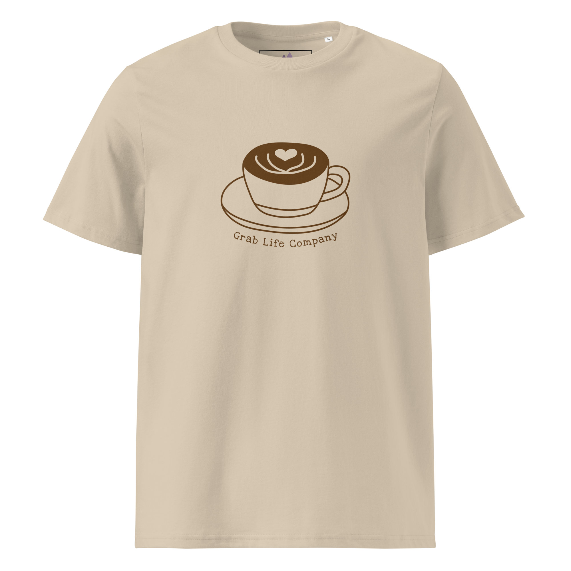 Grab Life Company t-shirt with I'm single and coffee is my Love Language printed on the back in brown on a desert dust shirt. Image shows the front of the shirt.