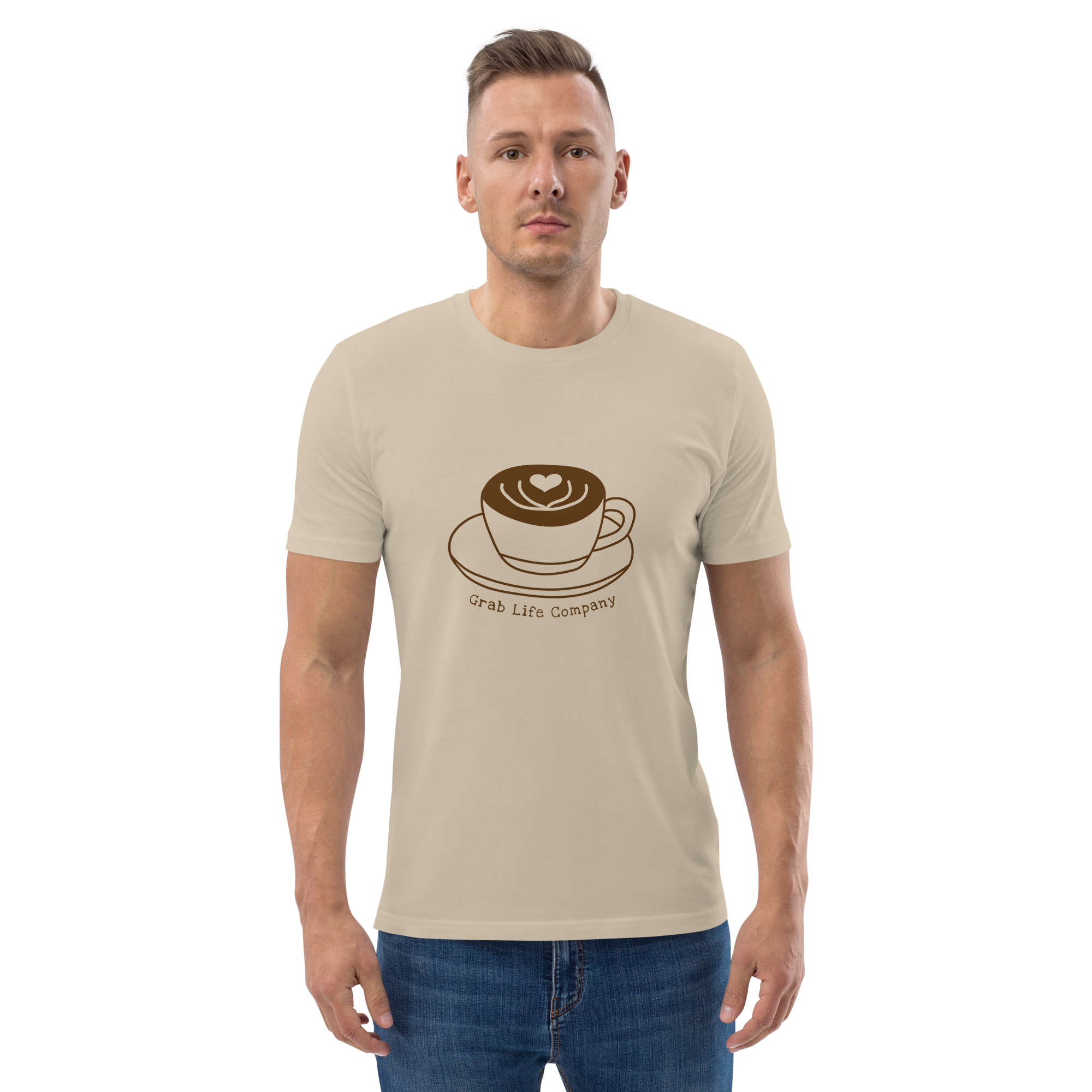 Grab Life Company t-shirt with I'm single and coffee is my Love Language printed on the back in brown on a desert dust shirt. Image shows man wearing the shirt.