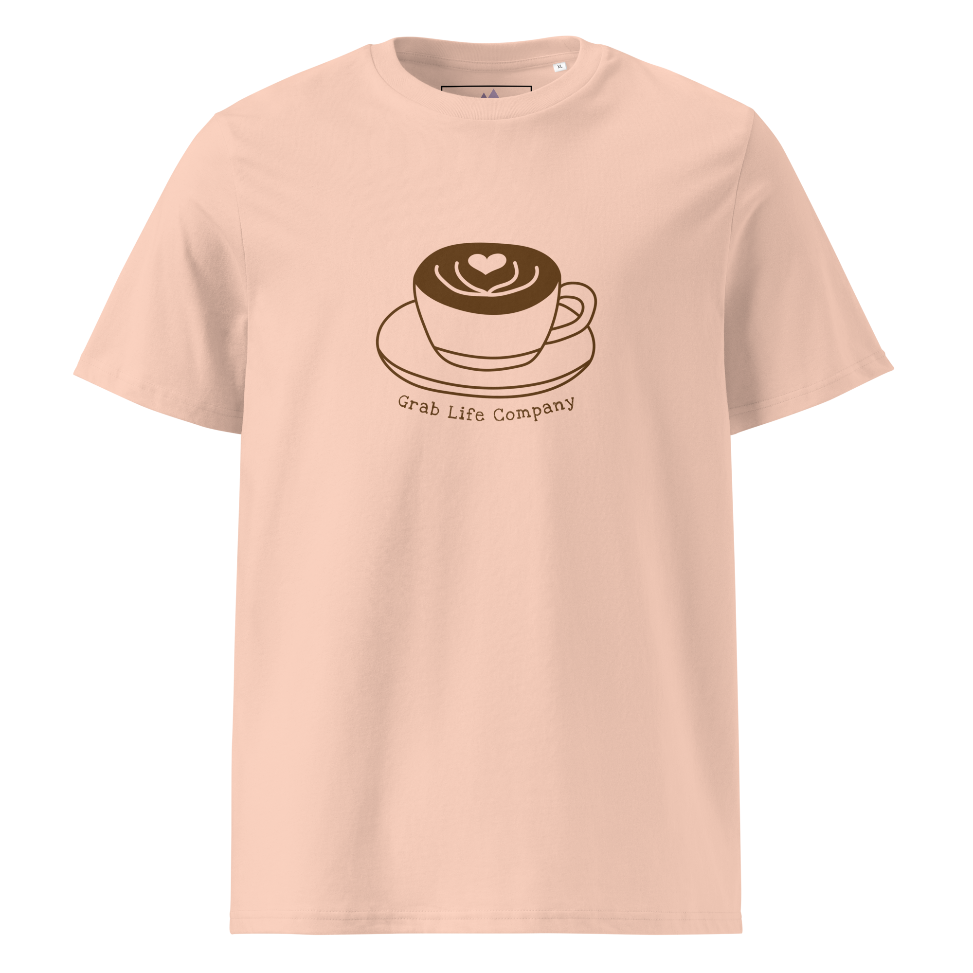 Grab Life Company t-shirt with I'm single and coffee is my Love Language printed on the back in brown on a fraiche peche or peach shirt. Image shows the front of  the shirt.