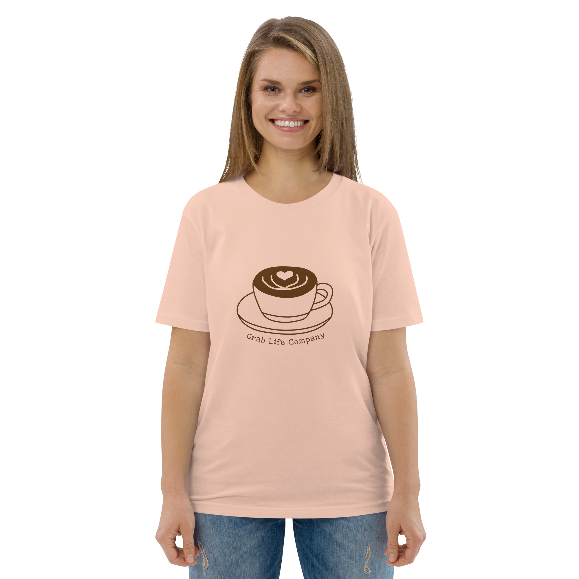 Grab Life Company t-shirt with I'm single and coffee is my Love Language printed on the back in brown on a fraiche peche or peach shirt. Image shows woman wearing the shirt.