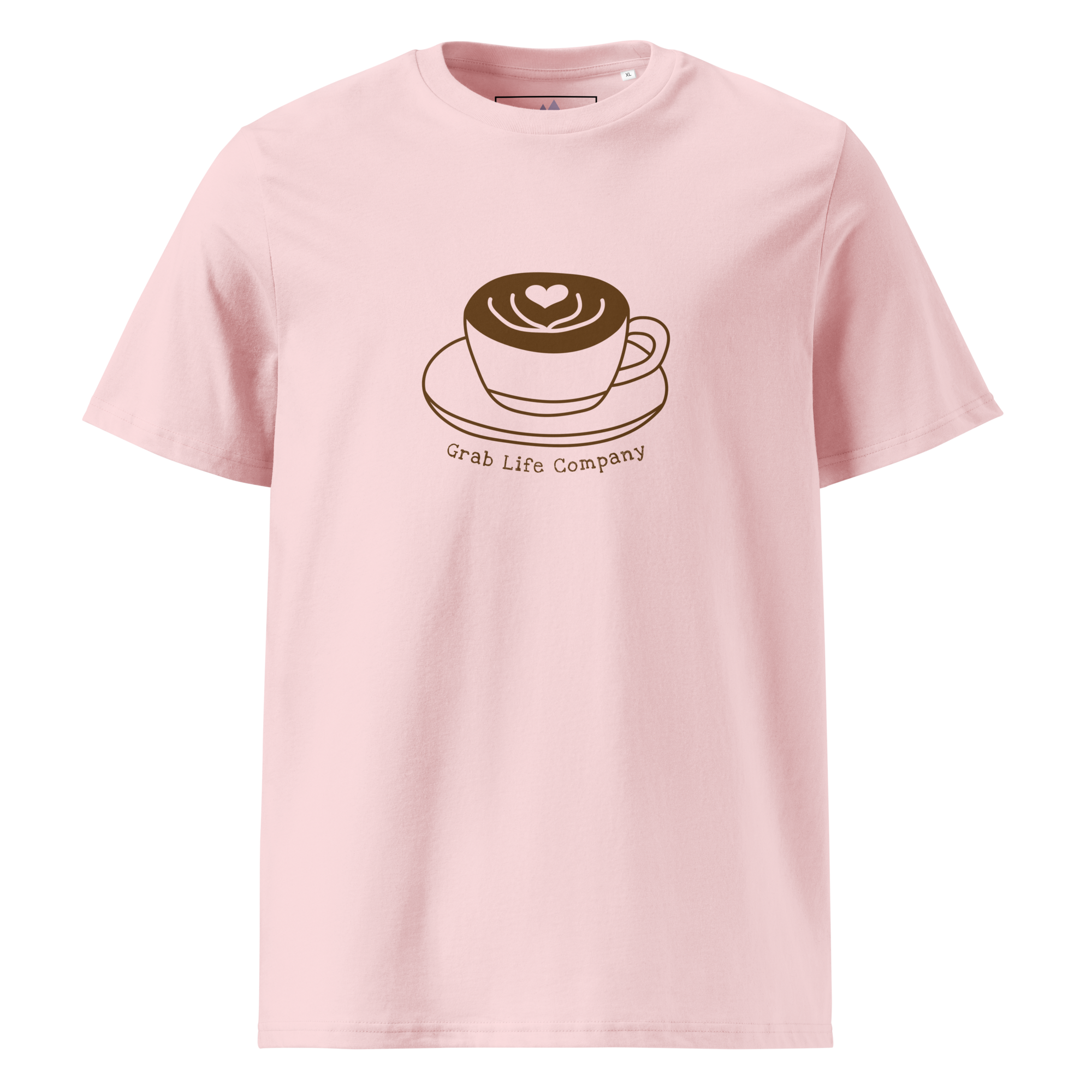 Grab Life Company t-shirt with I'm single and coffee is my Love Language printed on the back in brown on a cotton pink shirt. Image shows the front of the shirt.
