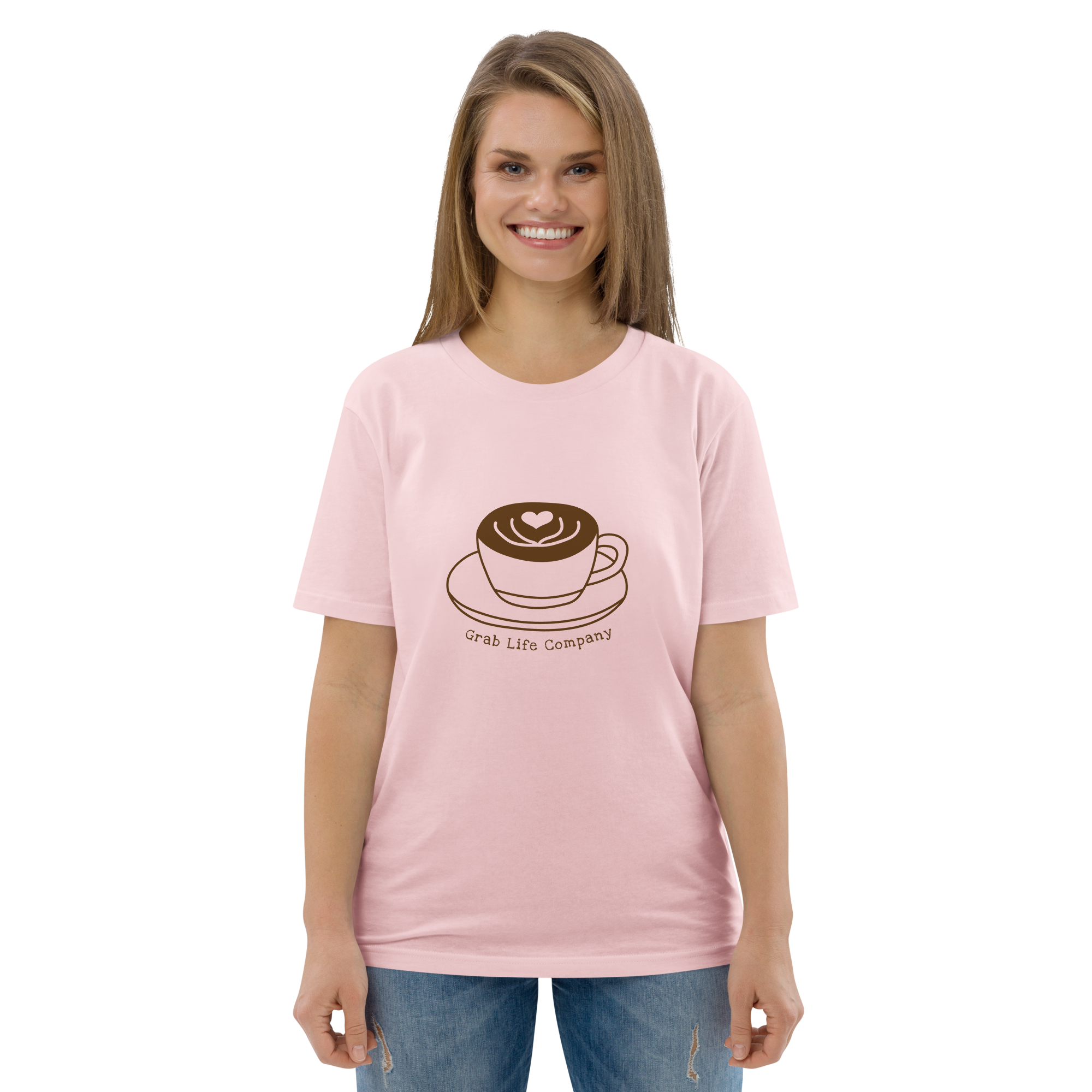 Grab Life Company t-shirt with I'm single and coffee is my Love Language printed on the back in brown on a cotton pink shirt. Image shows woman wearing the shirt.