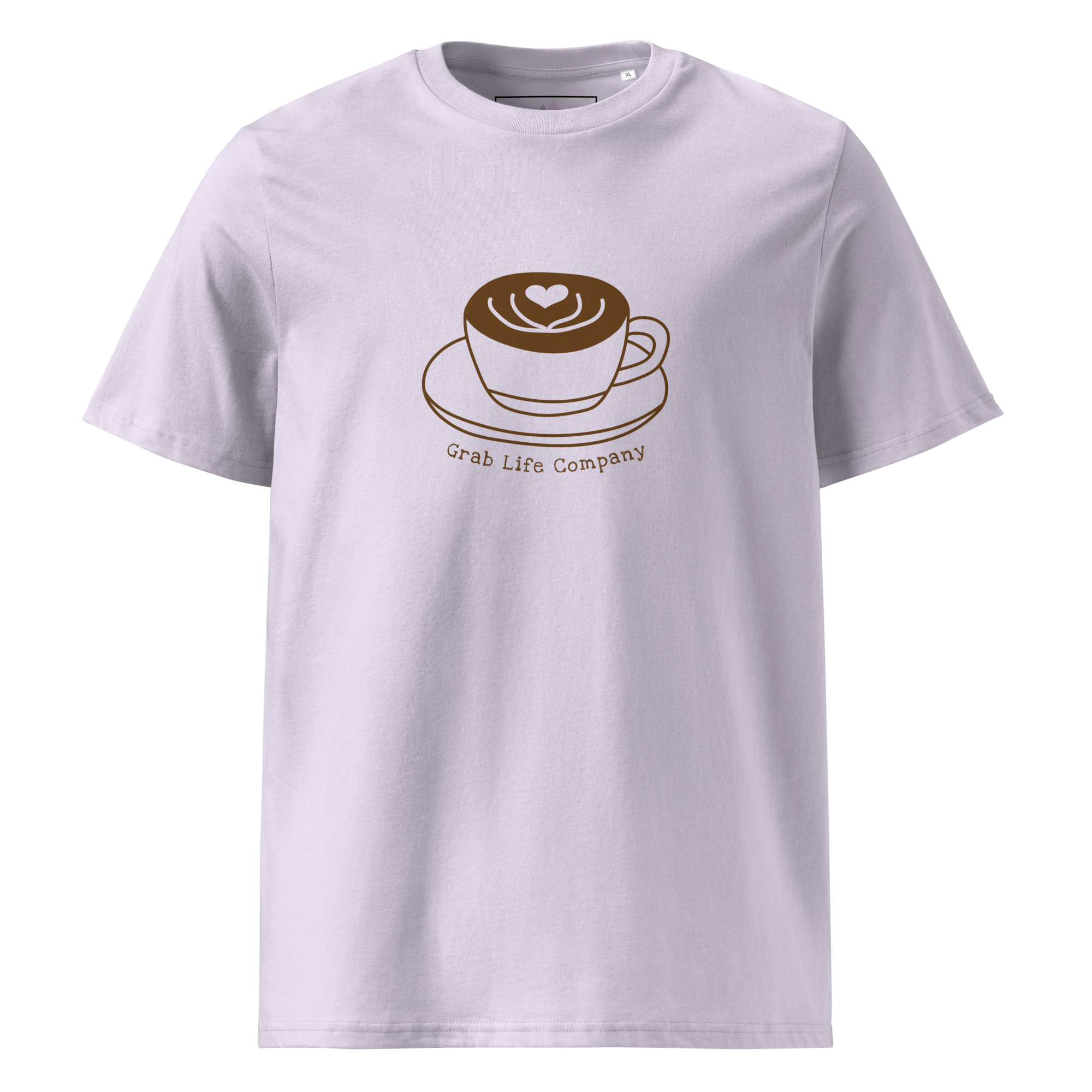Grab Life Company t-shirt with I'm single and coffee is my Love Language printed on the back in brown on a lavender purple shirt. Image shows the front of the shirt.