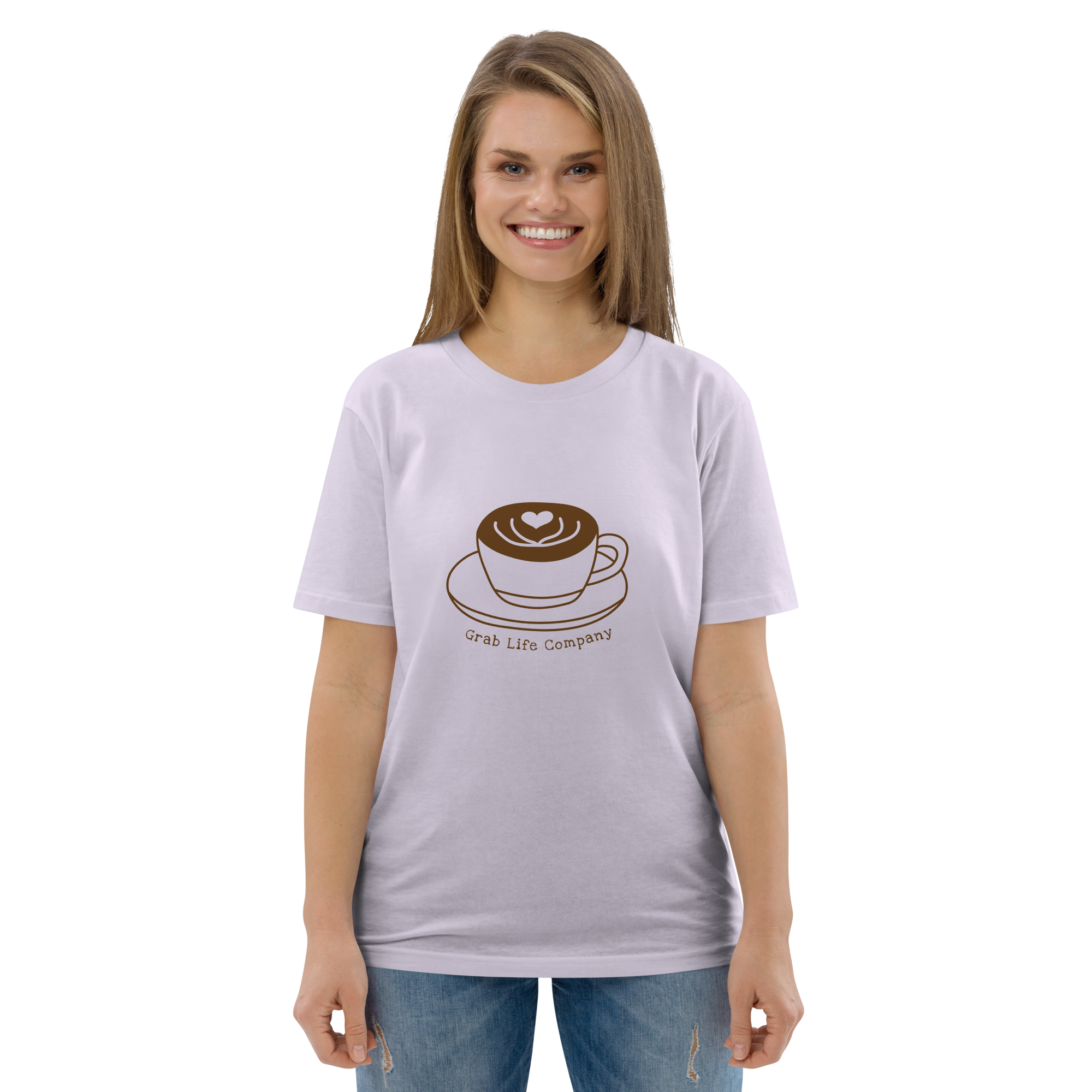 Grab Life Company t-shirt with I'm single and coffee is my Love Language printed on the back in brown on a lavender purple shirt. Image shows woman wearing the shirt.