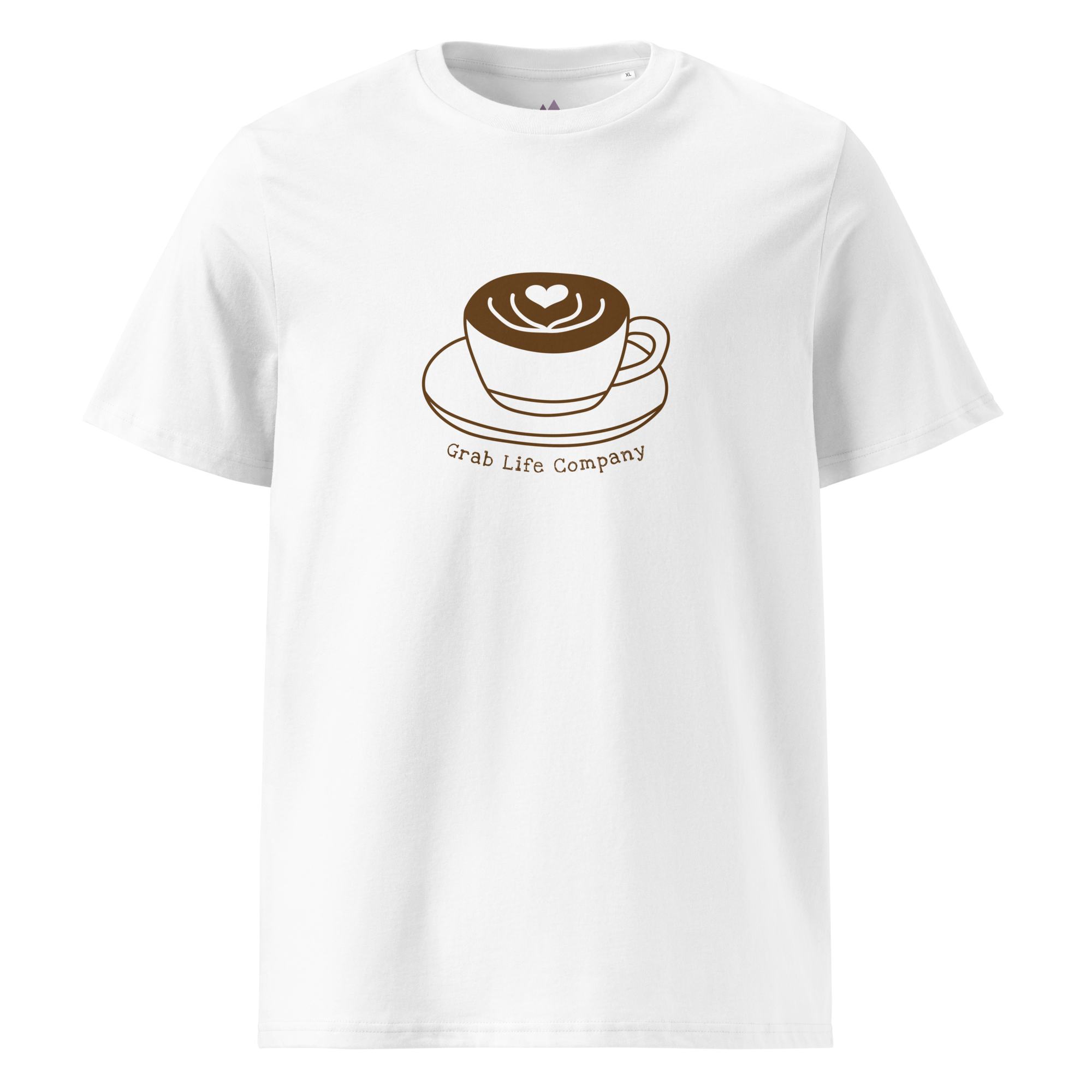 Grab Life Company t-shirt with I'm single and coffee is my Love Language printed on the back in brown on a white shirt. Image shows the front of the shirt.