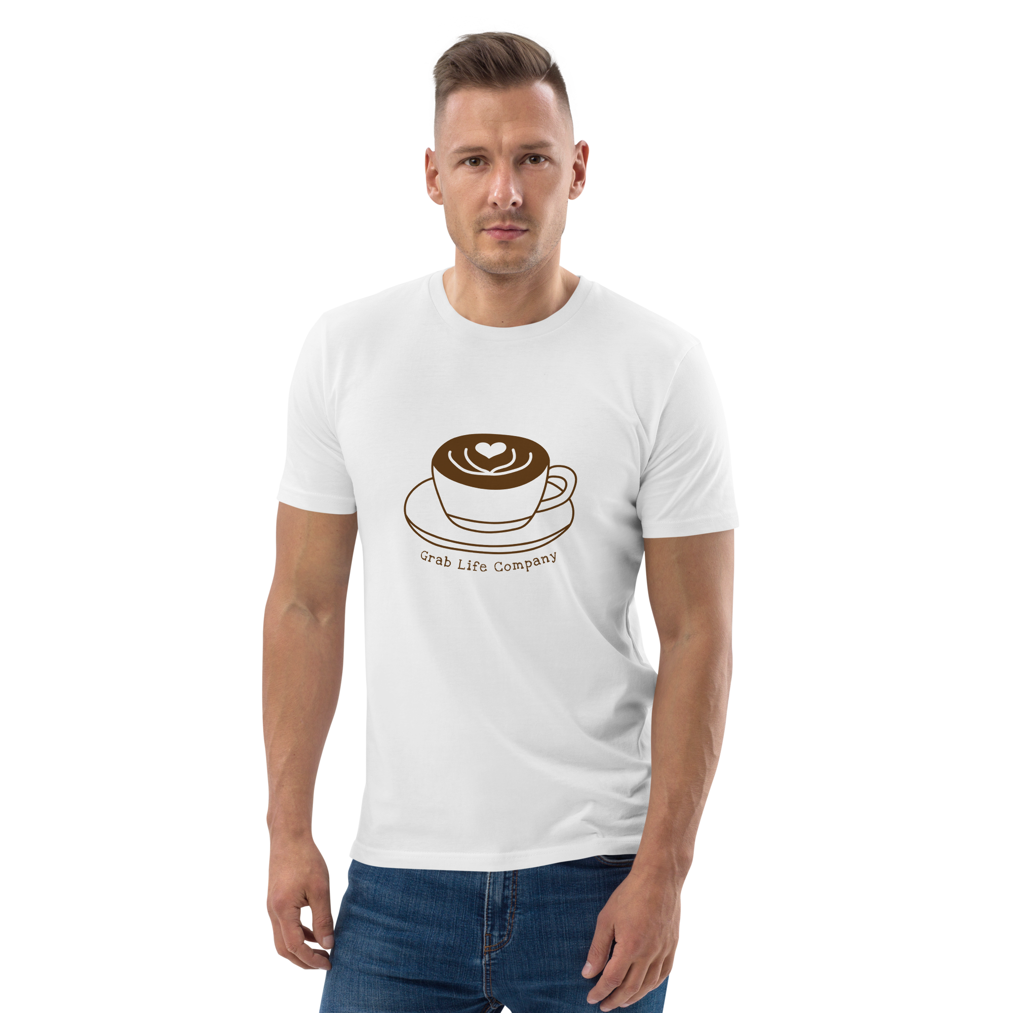 Grab Life Company t-shirt with I'm single and coffee is my Love Language printed on the back in brown on a white shirt. Image shows man wearing the shirt.