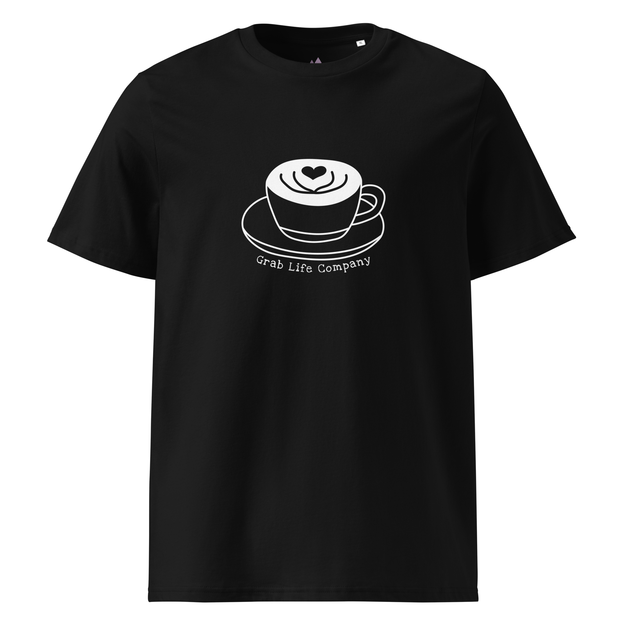 Grab Life Company t-shirt with I'm single and coffee is my Love Language printed on the back in white on a black shirt. Image shows the front of the shirt.