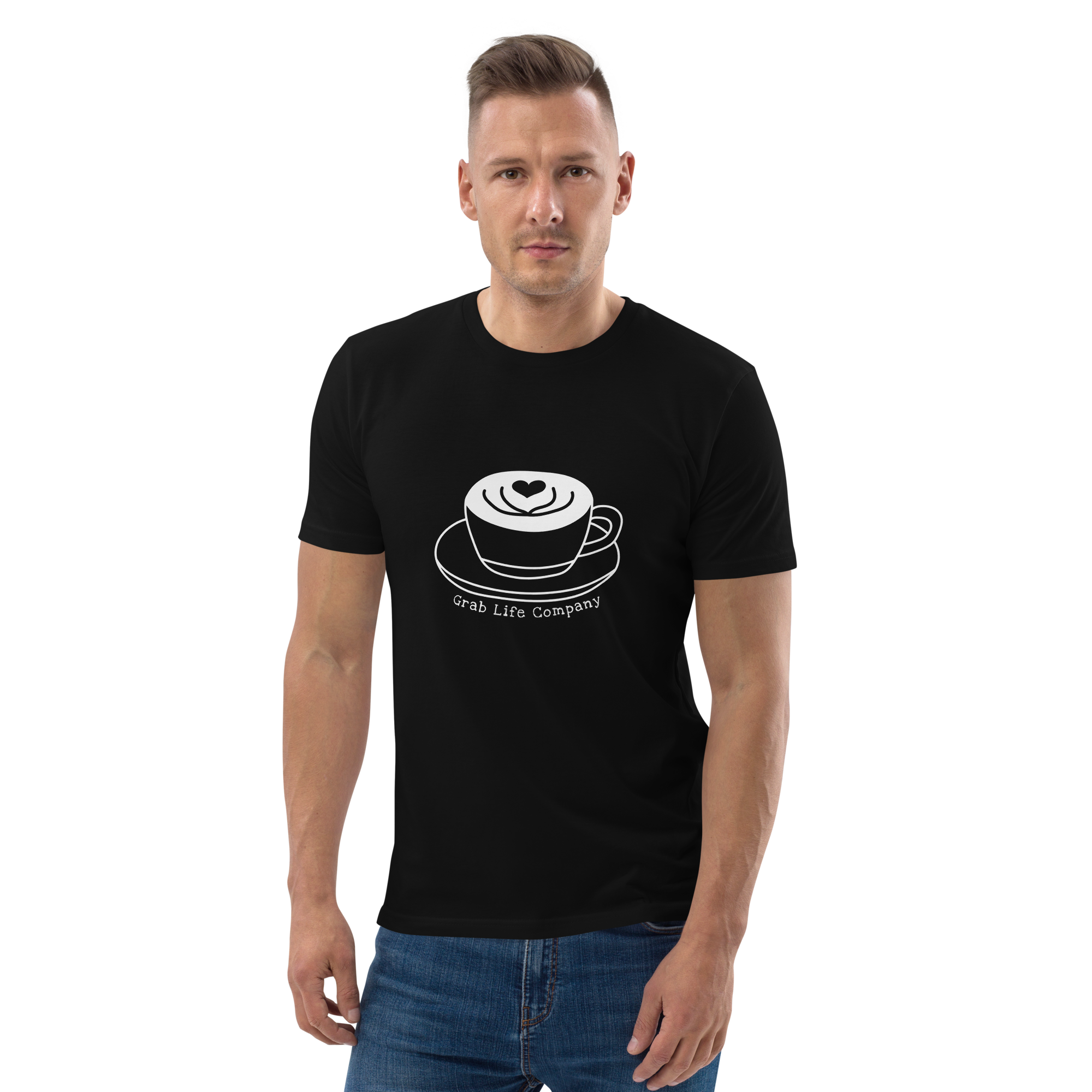 Grab Life Company t-shirt with I'm single and coffee is my Love Language printed on the back in white on a black shirt. Image shows man wearing the shirt.