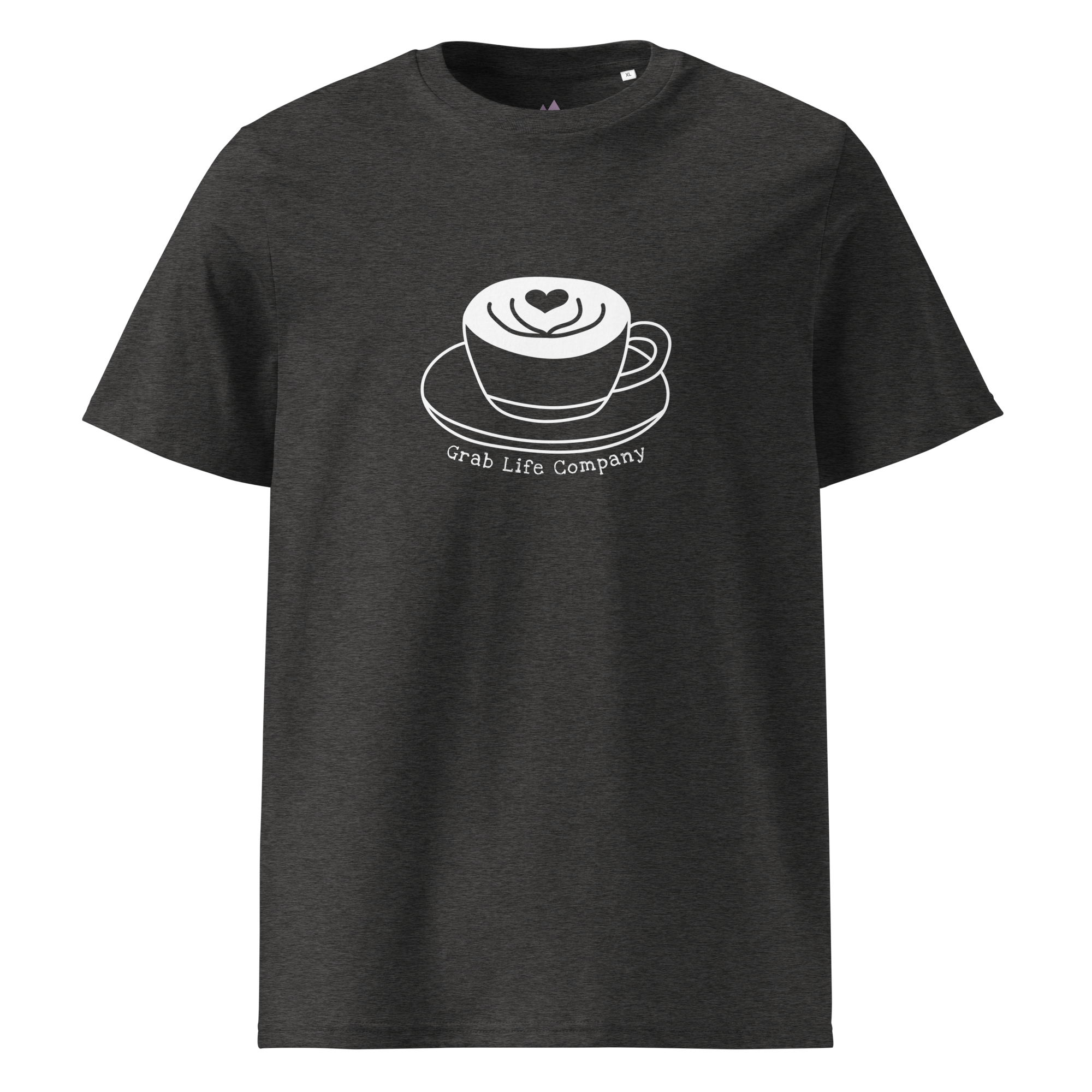 Grab Life Company t-shirt with I'm single and coffee is my Love Language printed on the back in white on a dark heather grey shirt. Image shows the front of the shirt.