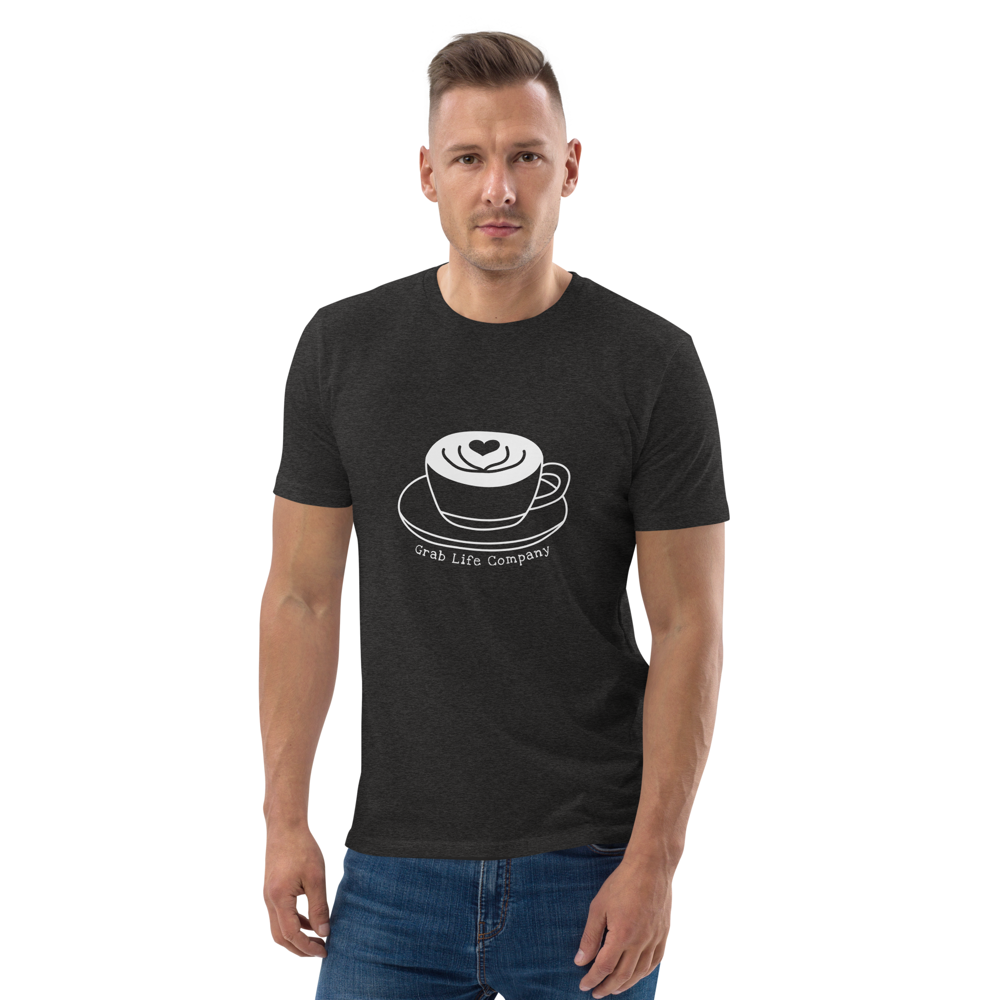 Grab Life Company t-shirt with I'm single and coffee is my Love Language printed on the back in white on a dark heather grey shirt. Image shows man wearing the shirt.