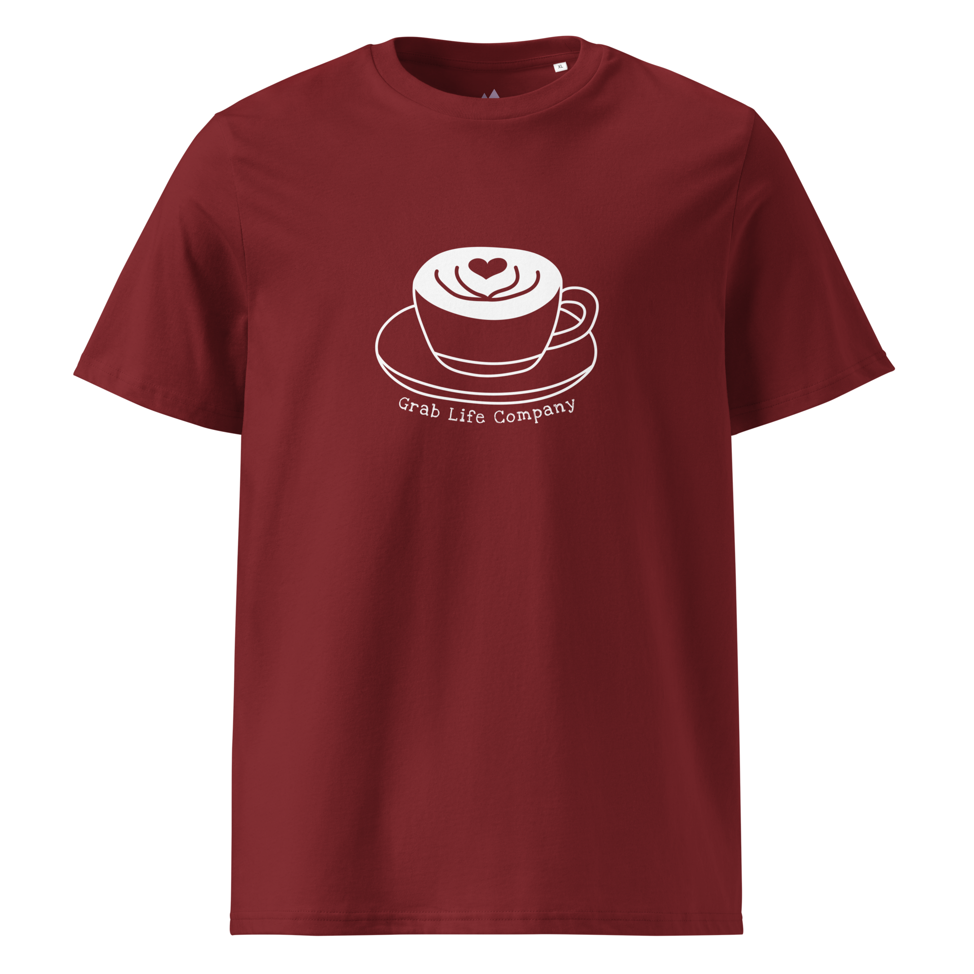 Grab Life Company t-shirt with I'm single and coffee is my Love Language printed on the back in white on a burgundy shirt. Image shows the front of the shirt.