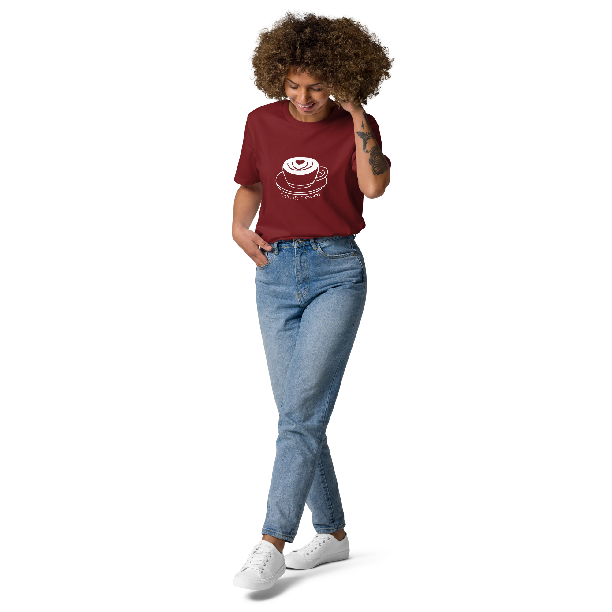 Grab Life Company t-shirt with I'm single and coffee is my Love Language printed on the back in white on a burgundy shirt. Image shows woman wearing the shirt.