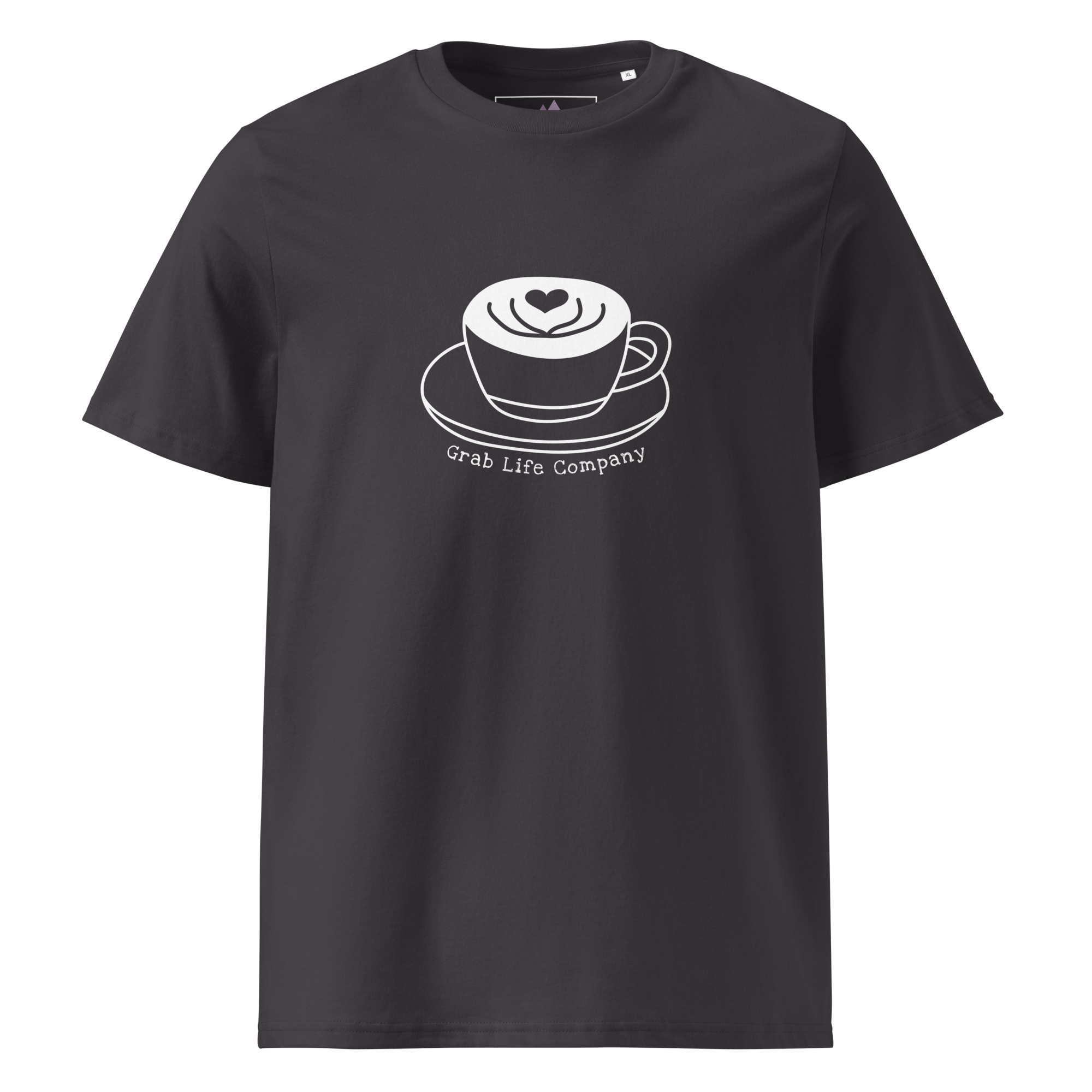 Grab Life Company t-shirt with I'm single and coffee is my Love Language printed on the back in white on an anthracite grey shirt. Image shows the front of the shirt.