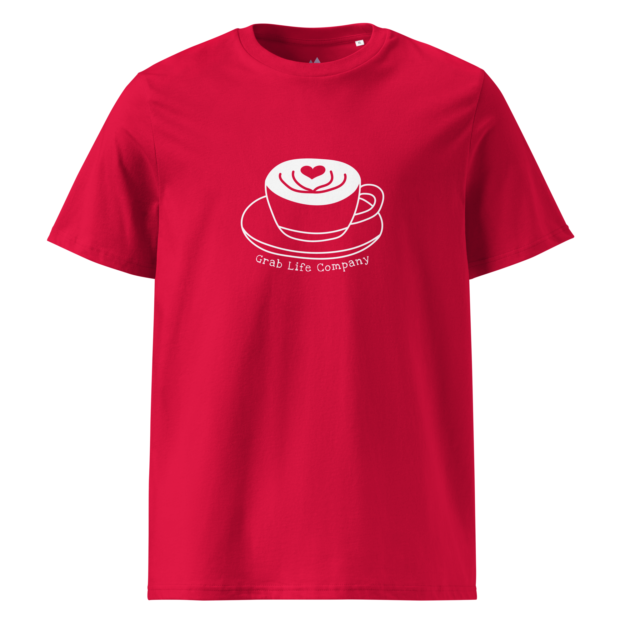Grab Life Company t-shirt with I'm single and coffee is my Love Language printed on the back in white on a red shirt. Image shows the front of the shirt.