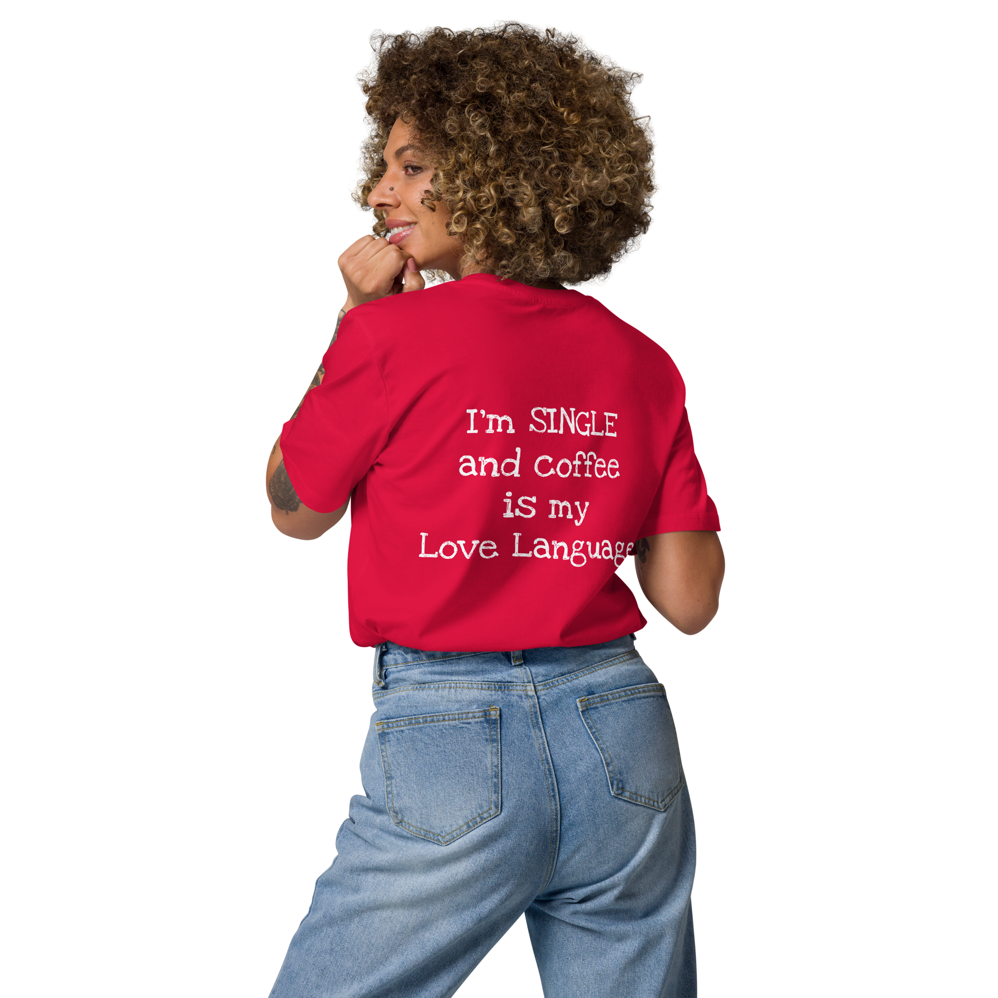 Grab Life Company t-shirt with I'm single and coffee is my Love Language printed on the back in white on a red shirt. Image shows woman wearing the shirt.