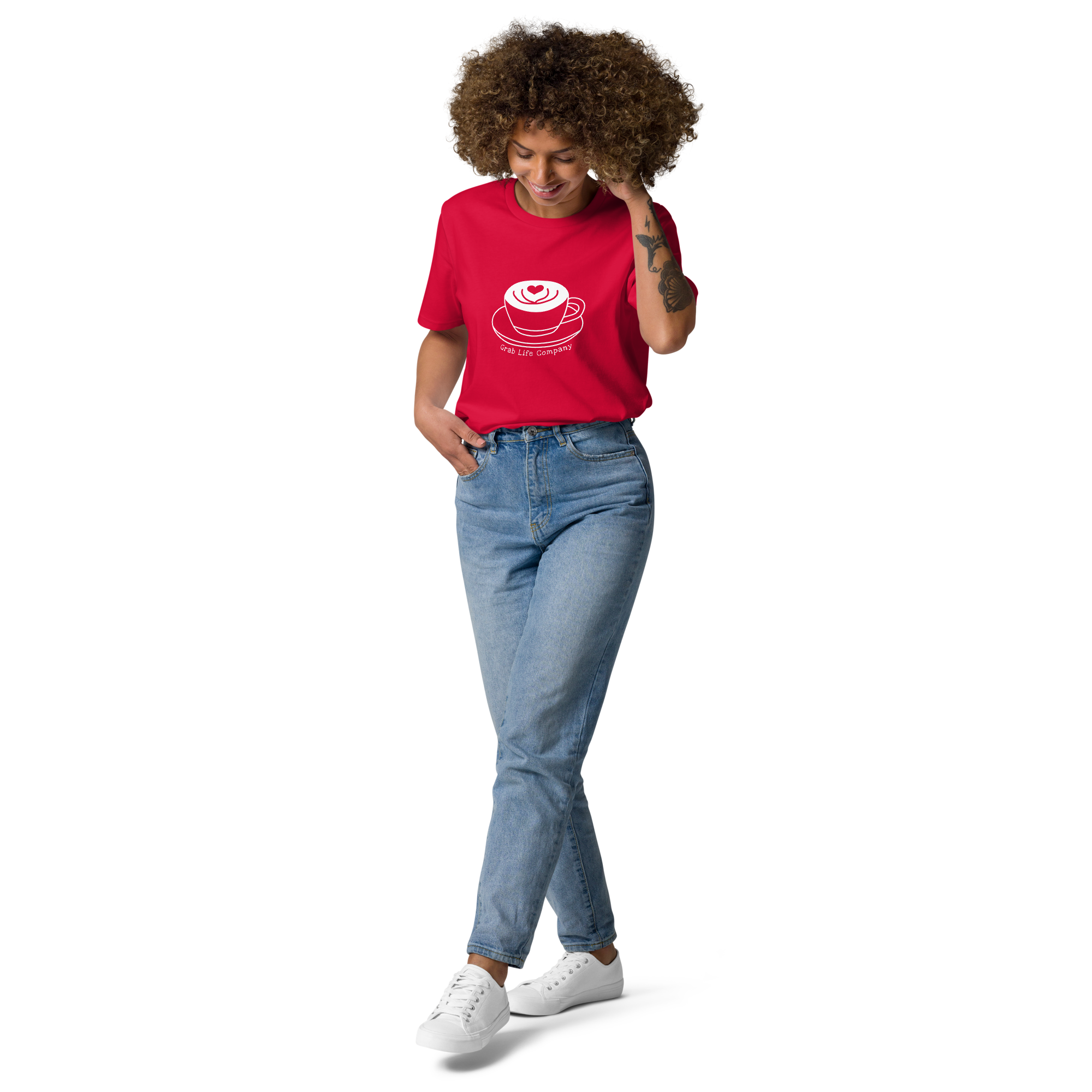 Grab Life Company t-shirt with I'm single and coffee is my Love Language printed on the back in white on a red shirt. Image shows woman wearing the shirt.