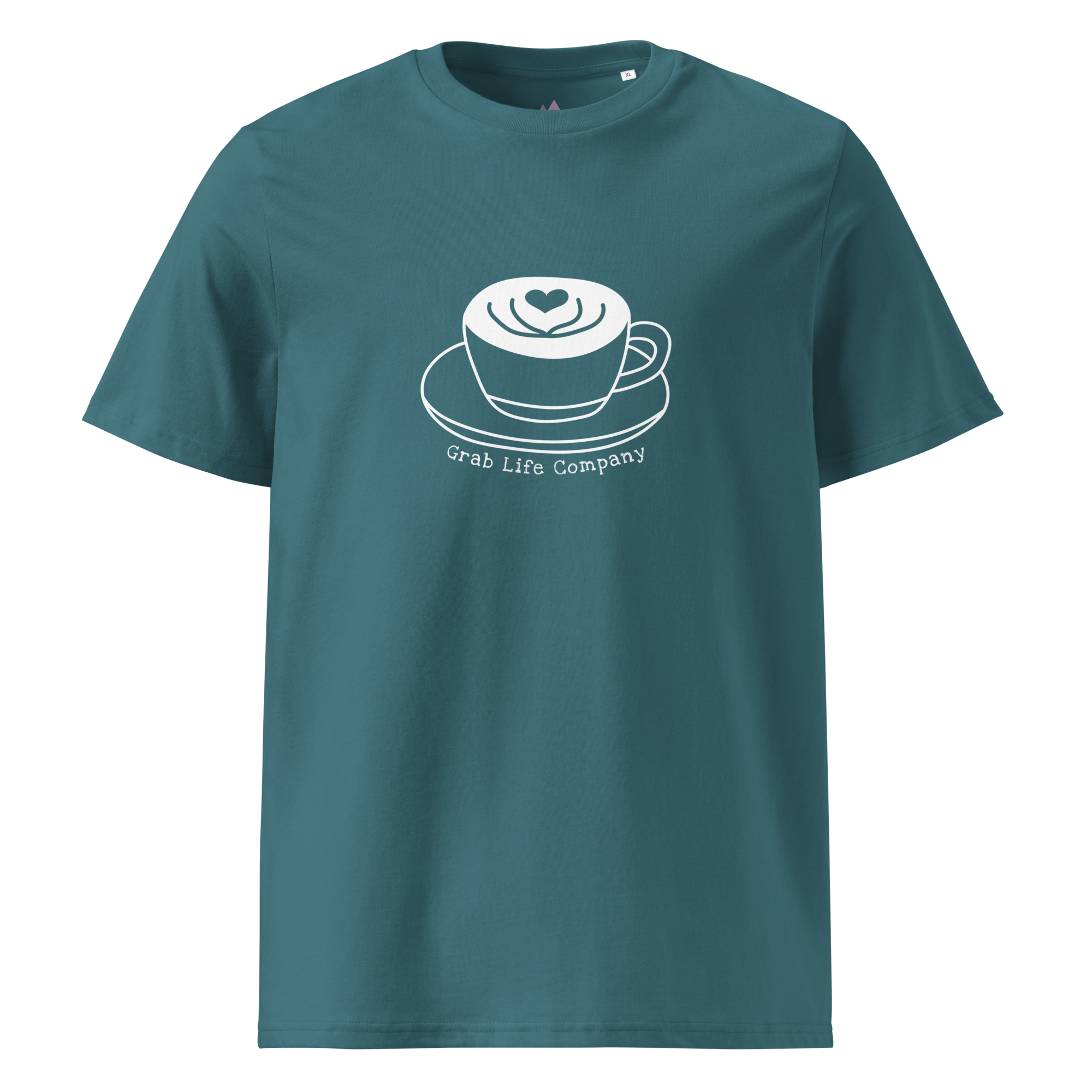 Grab Life Company t-shirt with I'm single and coffee is my Love Language printed on the back in white on a stargazer teal shirt. Image shows the front of the shirt.