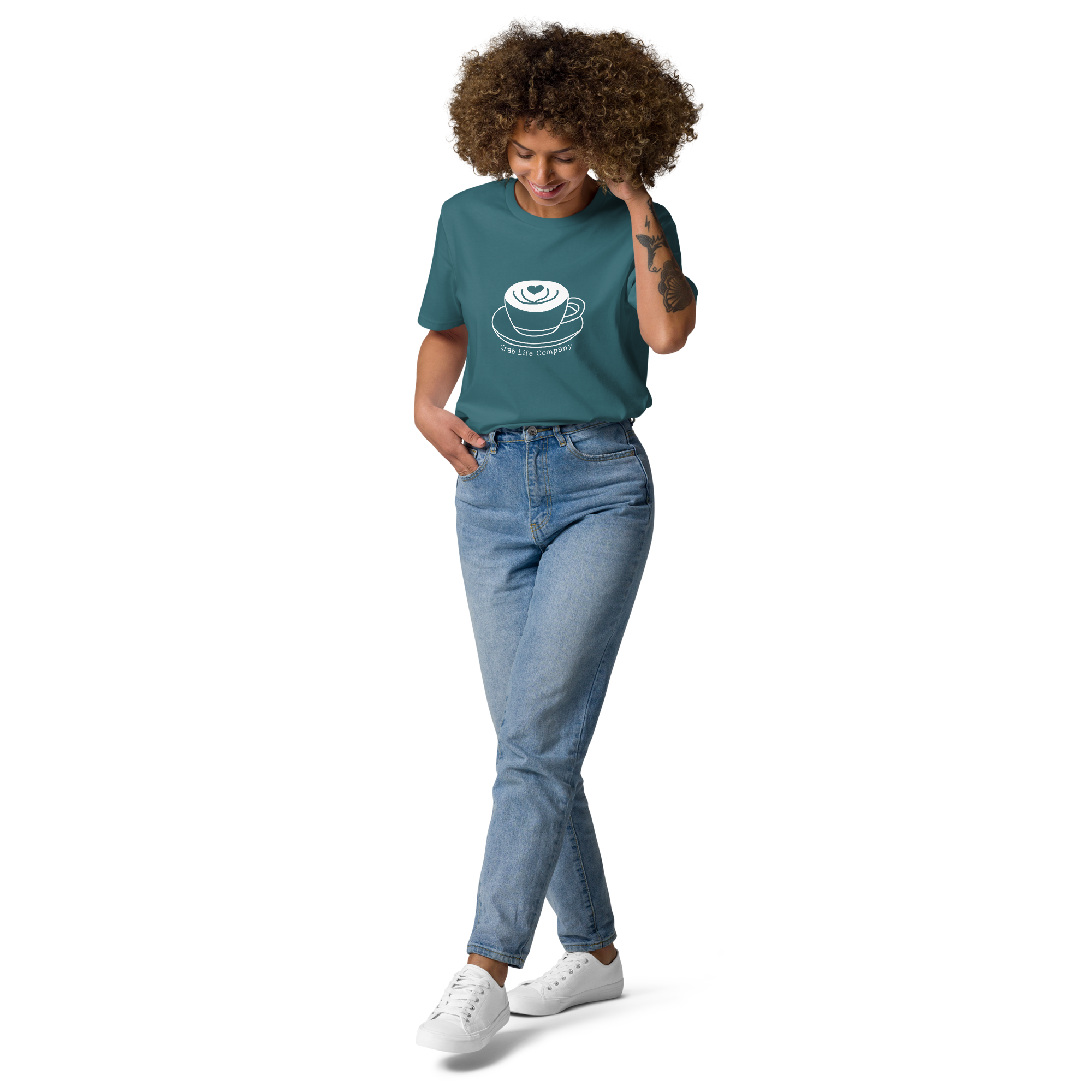 Grab Life Company t-shirt with I'm single and coffee is my Love Language printed on the back in white on a stargazer teal shirt. Image shows woman wearing the shirt.