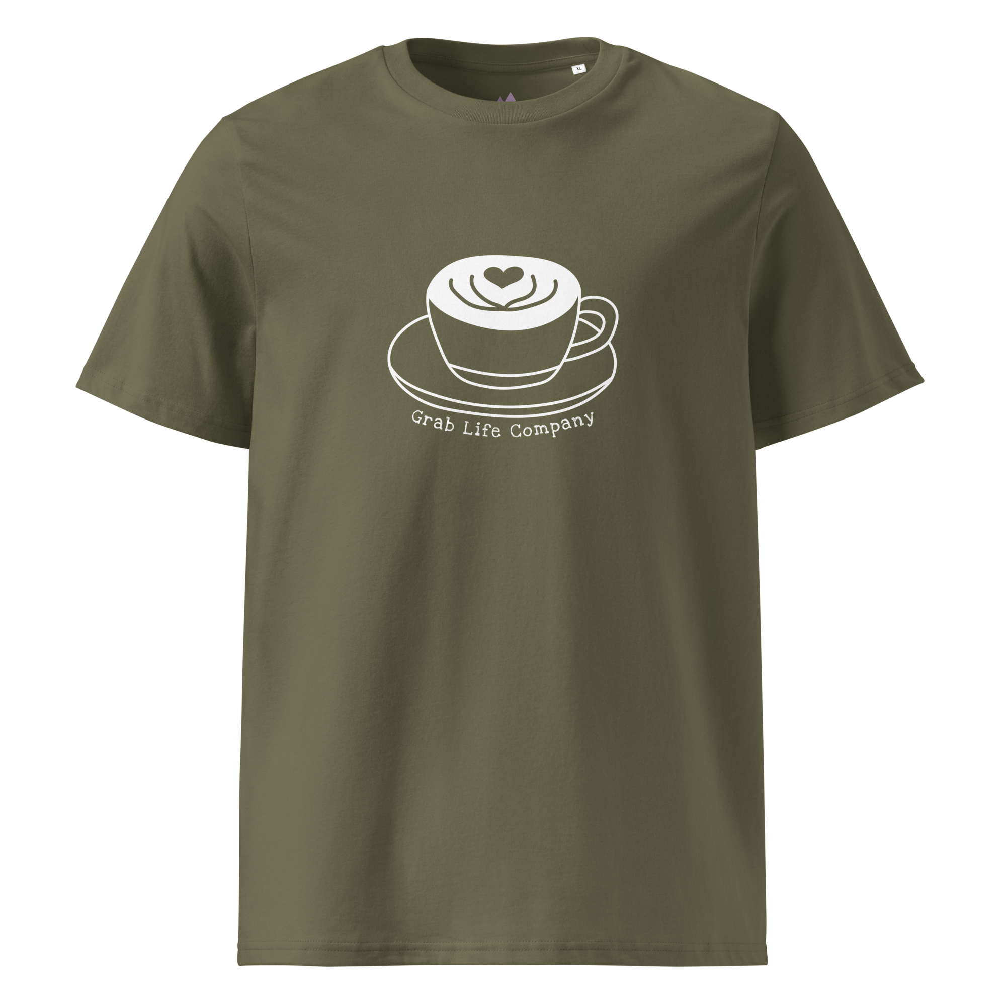 Grab Life Company t-shirt with I'm single and coffee is my Love Language printed on the back in white on a khaki green shirt. Image shows the front of the shirt.