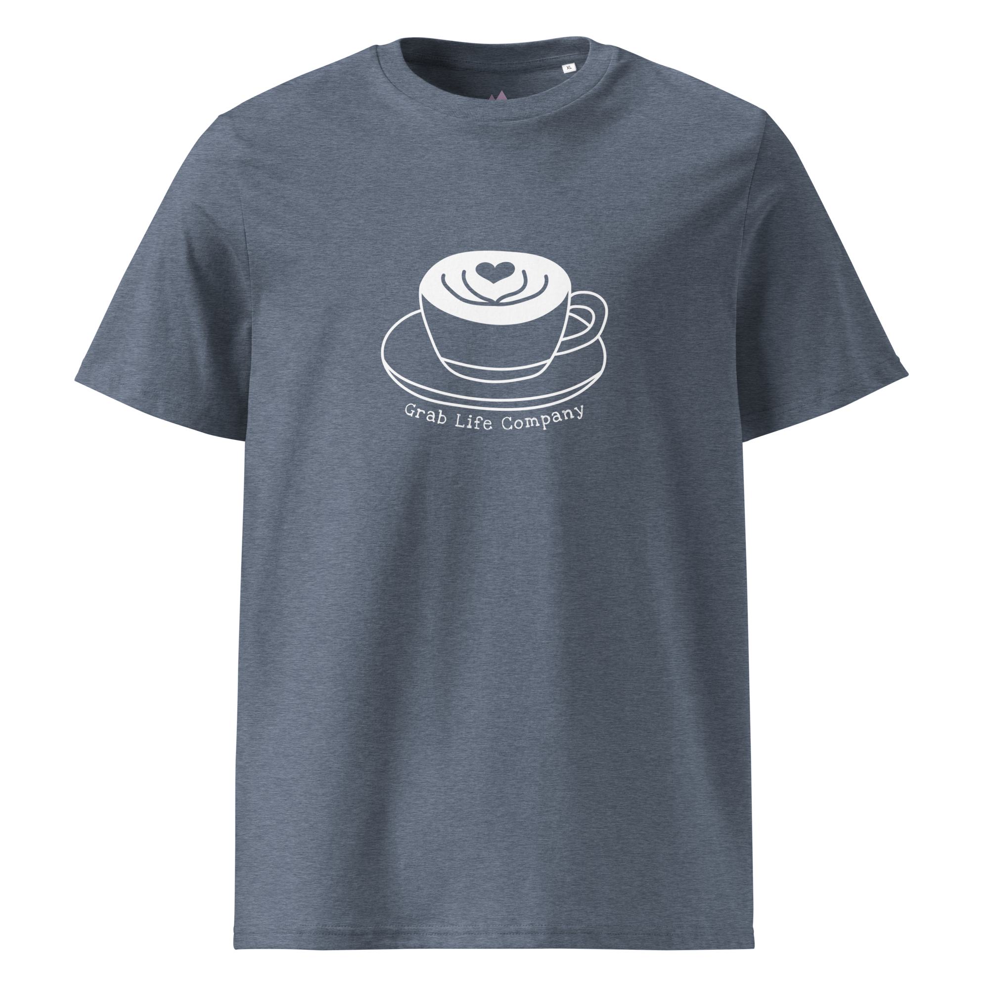 Grab Life Company t-shirt with I'm single and coffee is my Love Language printed on the back in white on a dark heather blue shirt. Image shows the front of the shirt.