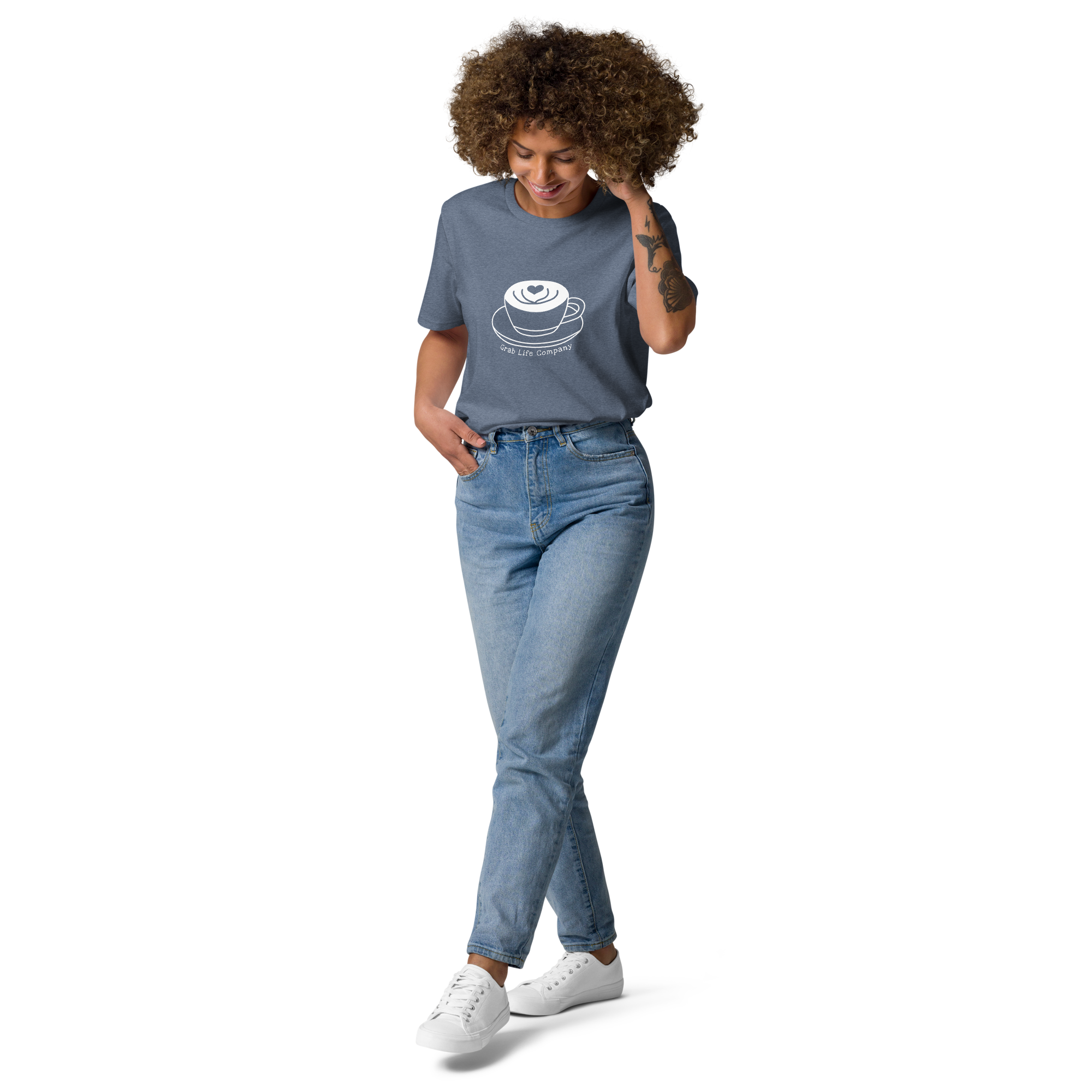 Grab Life Company t-shirt with I'm single and coffee is my Love Language printed on the back in white on a dark heather blue shirt. Image shows woman wearing the shirt.