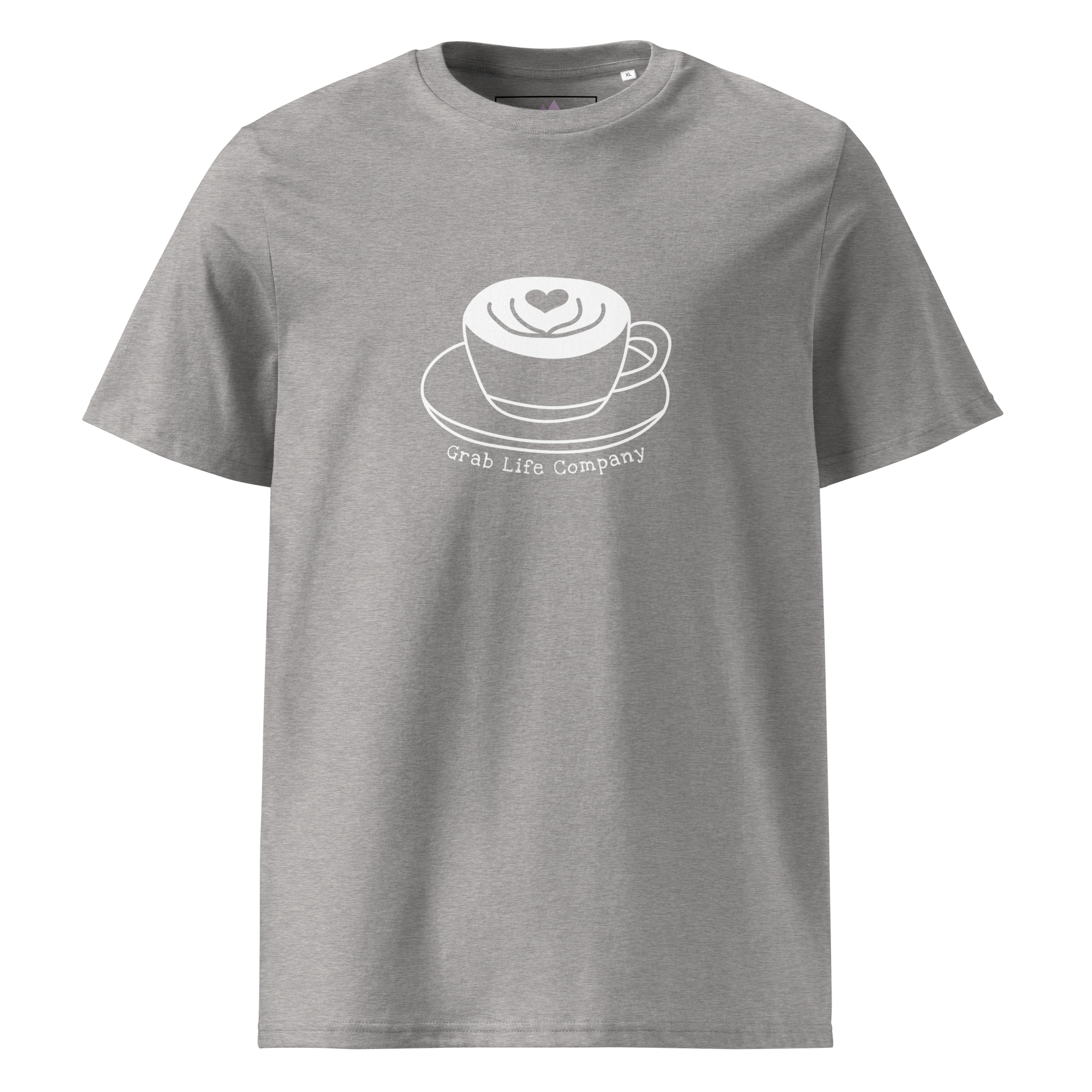 Grab Life Company t-shirt with I'm single and coffee is my Love Language printed on the back in white on a heather grey shirt. Image shows the front of the shirt.