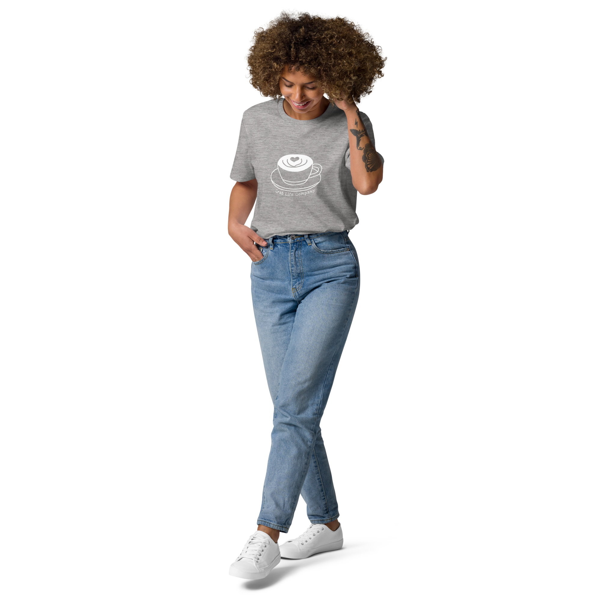 Grab Life Company t-shirt with I'm single and coffee is my Love Language printed on the back in white on a heather grey shirt. Image shows woman wearing the shirt.